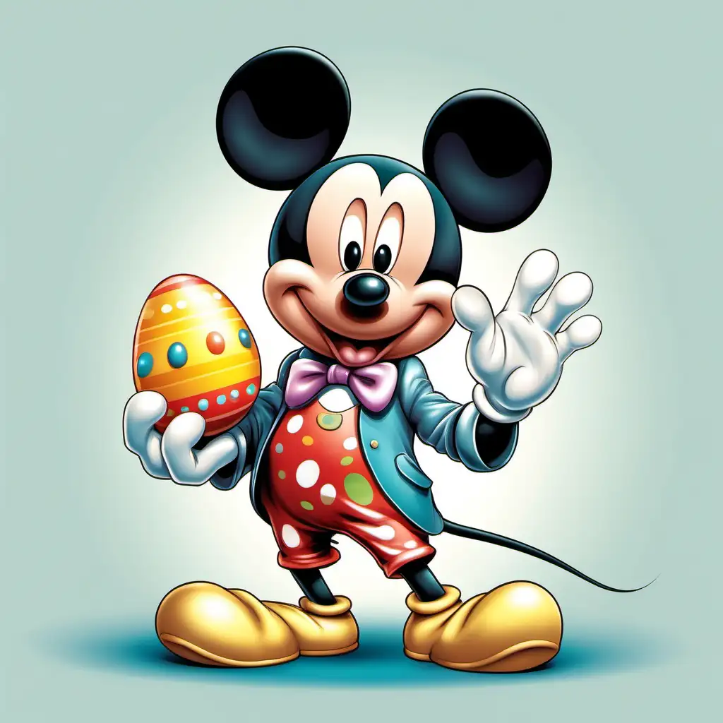Mickey Mouse illustration, full body in an easter bunny costume, holding an easter egg, isolated on a white background