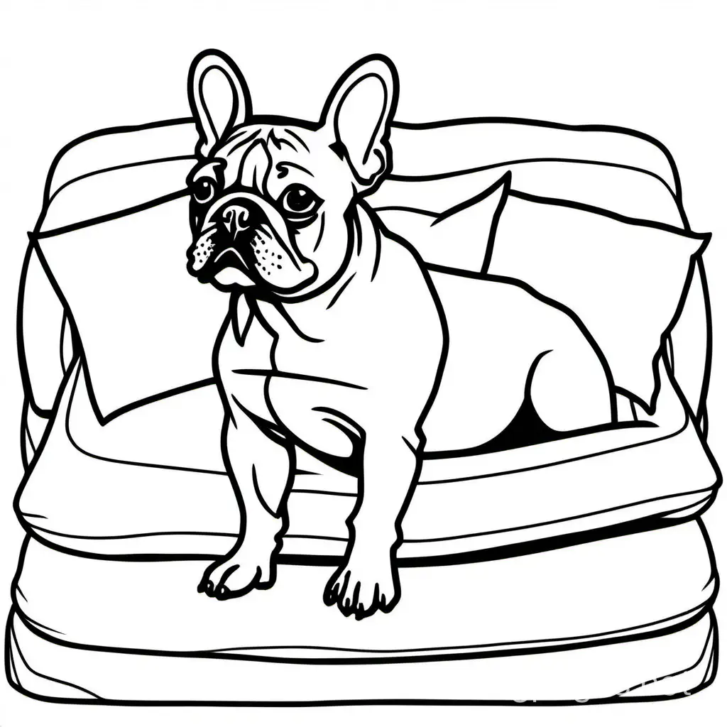 French bulldog on a pillow., Coloring Page, black and white, line art, white background, Simplicity, Ample White Space. The background of the coloring page is plain white to make it easy for young children to color within the lines. The outlines of all the subjects are easy to distinguish, making it simple for kids to color without too much difficulty