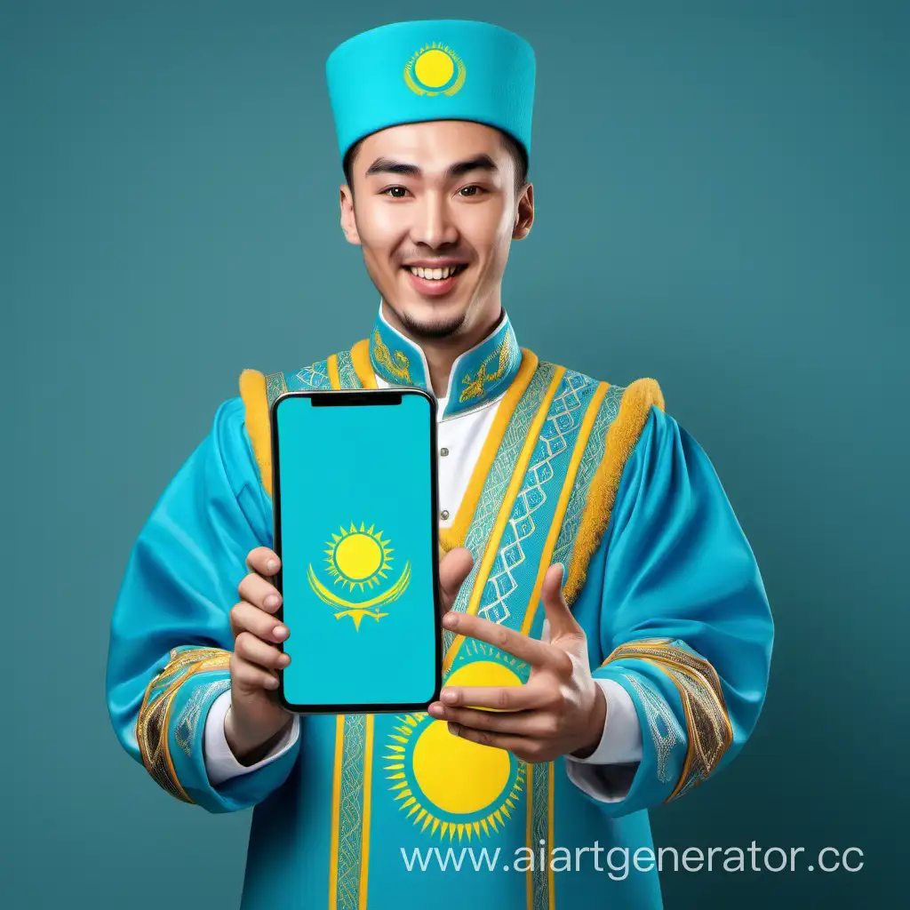 Kazakhstan guy wearing kazakhstan national clothes showing you a screen of phone