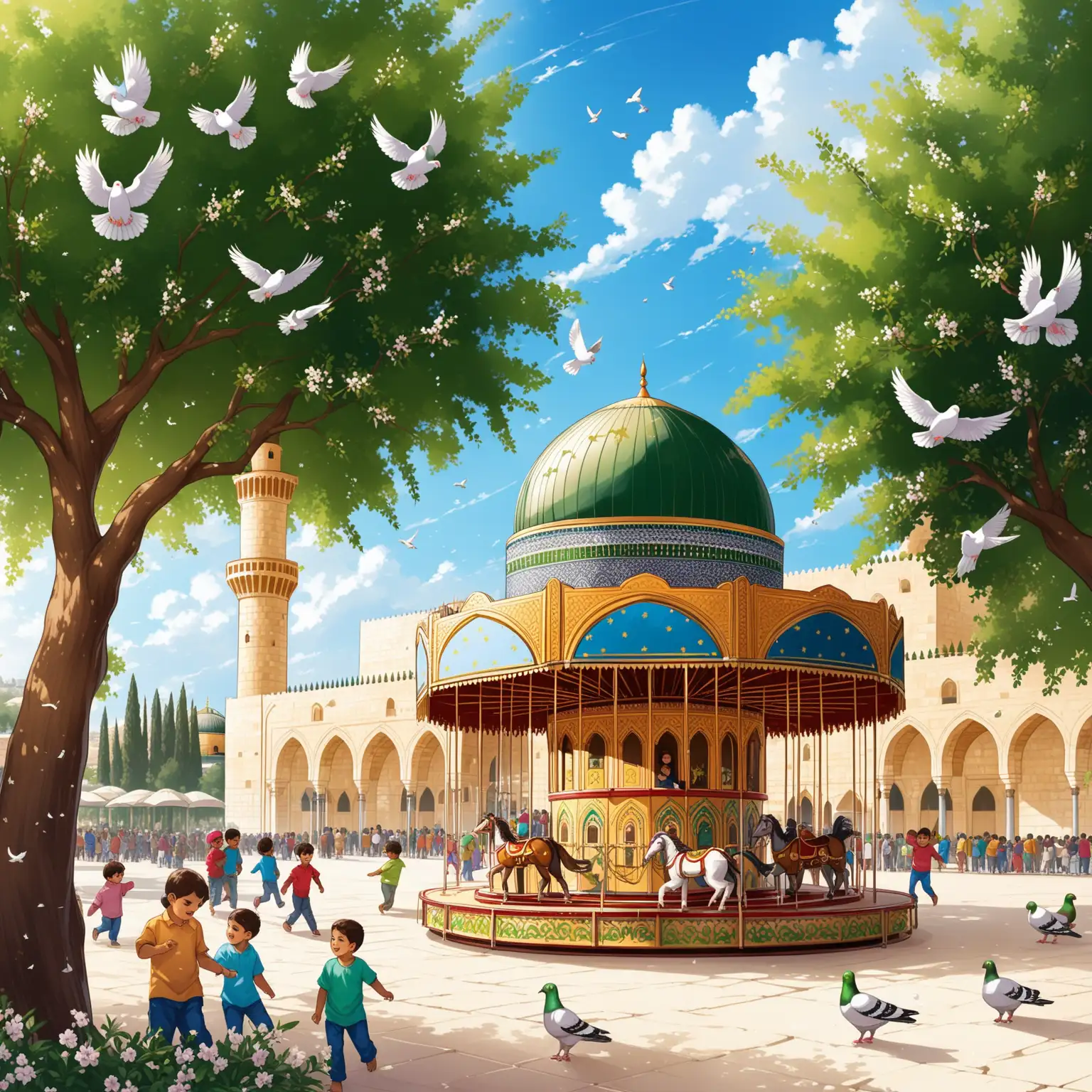 Atmosphere many children of Gaza playing with happiness in Al-Aqsa mosque, heavenly, some pigeons, beautiful olive trees, spring, flowers, slide, wheels and carousel.