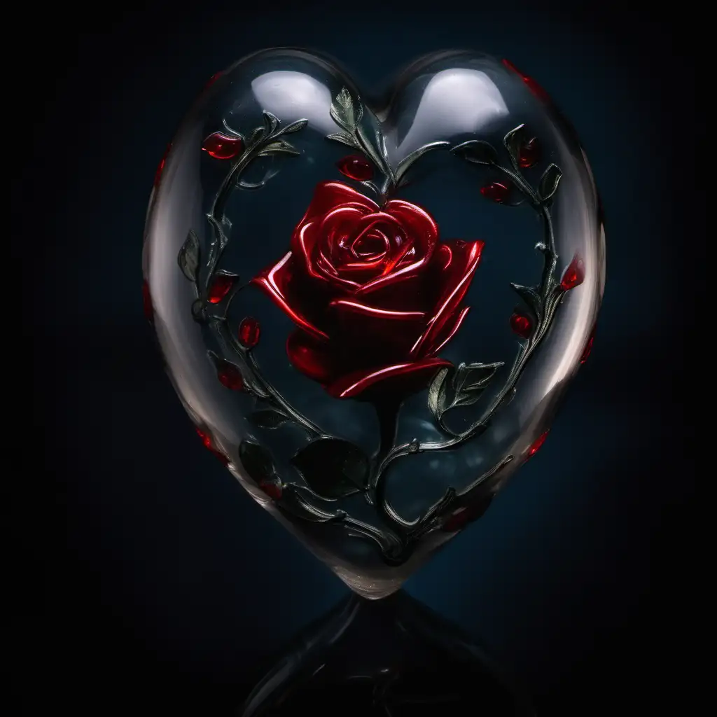 A hend held glass heart with a red rose inside