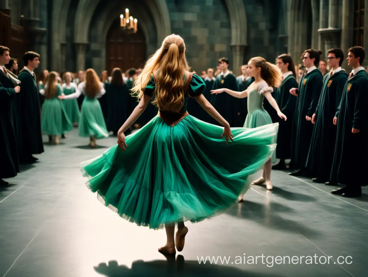 A caramel blonde long haired girl facing backwards dancing ballet alone in a light emerald dress in Hogwarts with students and professors watching her