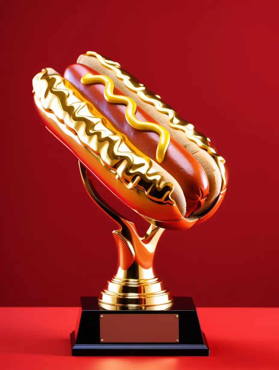 a shiny golden hot dog trophy on a red background