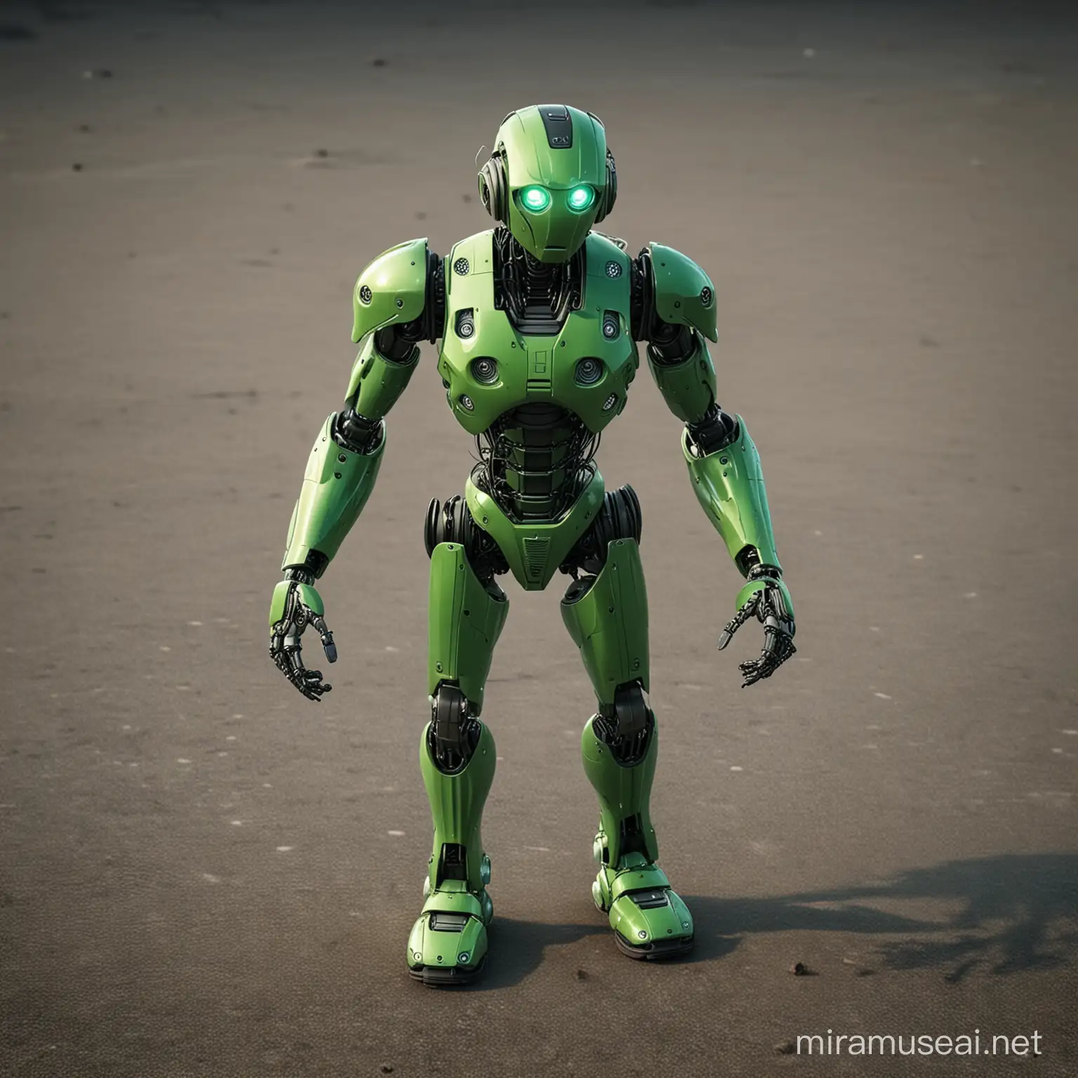 Dynamic Green Robot Dancing on a Vibrant Stage