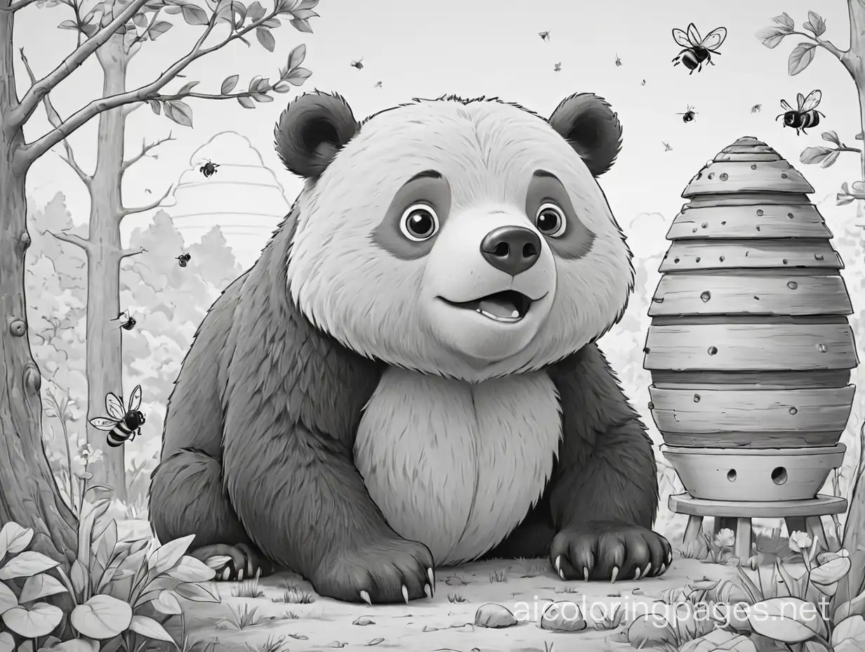 A bear looking at a beehive, Coloring Page, black and white, line art, white background, Simplicity, Ample White Space. The background of the coloring page is plain white to make it easy for young children to color within the lines. The outlines of all the subjects are easy to distinguish, making it simple for kids to color without too much difficulty