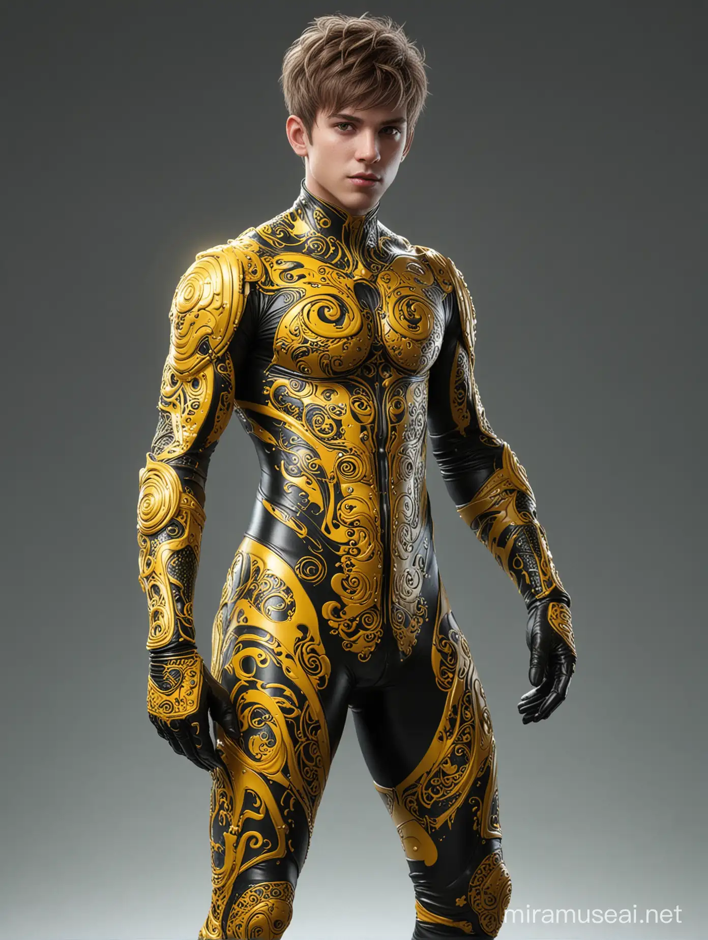 Full full body a handsome hunky celestial Stinger boy wearing a yellow swirls filigree latex spandex and gloves  standing firmly face frontal camera focus asymmetrical face details,charachter, beautiful, devian art, trending artstation, digital art, detailed, realistic, humanoide, character,cinematic sho ,cinematic lights, high textures, high resolution, dreamlikeart, 8k, highly detailed, stabilized diffusion. Detailed face and fingers.
