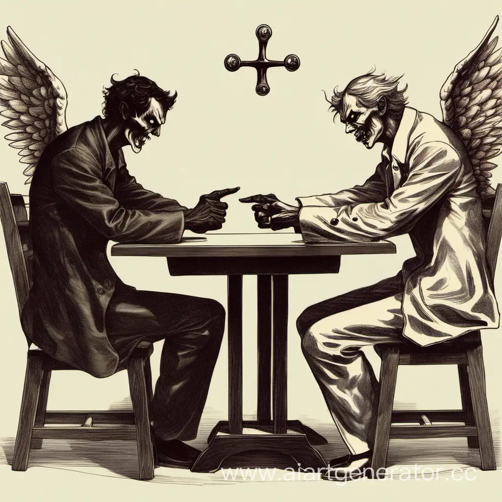 Нужна картинка ,где ангел и демон играют в русскую рулетку ,и сидят за столом друг напротив друга