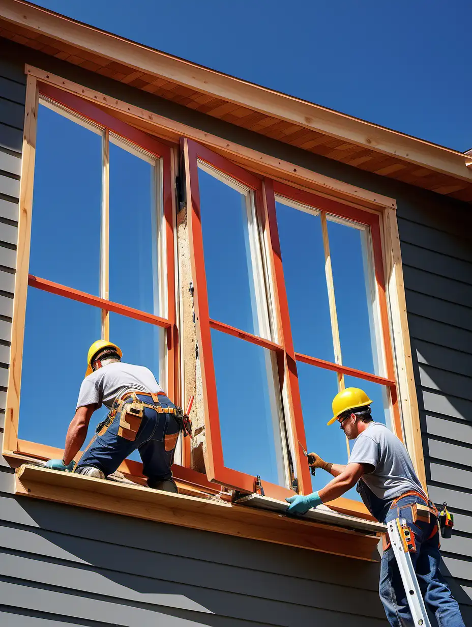 Generate a realistic image of a team of professional workers installing new, energy-efficient windows in a modern American home. The setting is a sunny day with clear skies. The house should have a contemporary design with a spacious yard. The workers are wearing safety gear and using modern tools. The image should convey a sense of expertise, precision, and attention to detail in the craftsmanship.