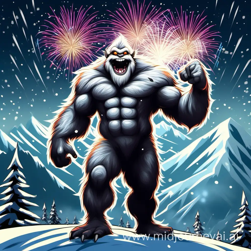 a large muscular yeti with a smile on his face celebrating new years eve with fireworks in the background while on the side of a mountain