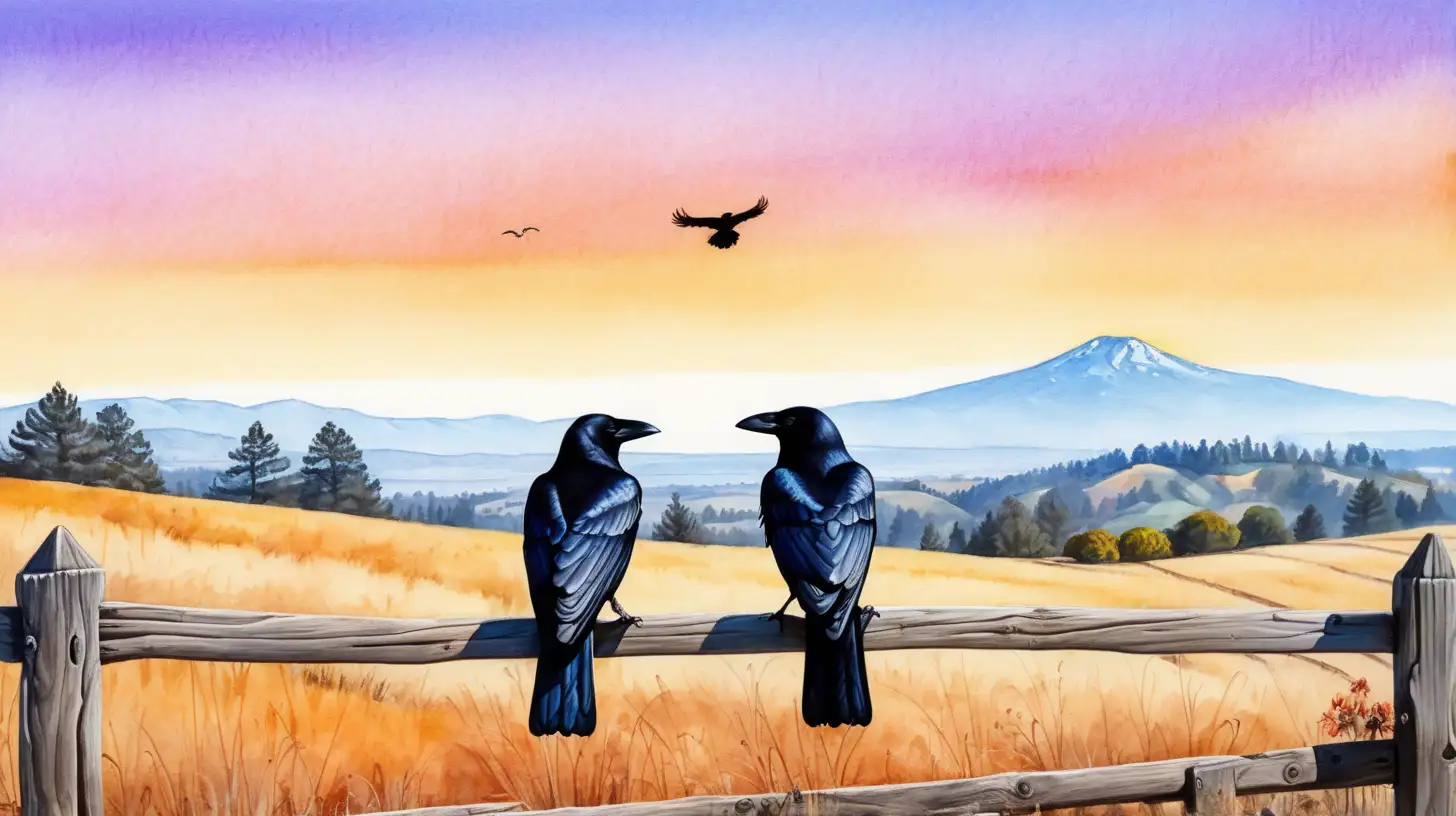 Create a colorful sketch of two crows sitting on a wooden fence overlooking sonoma mountain, it should be quirky and artful