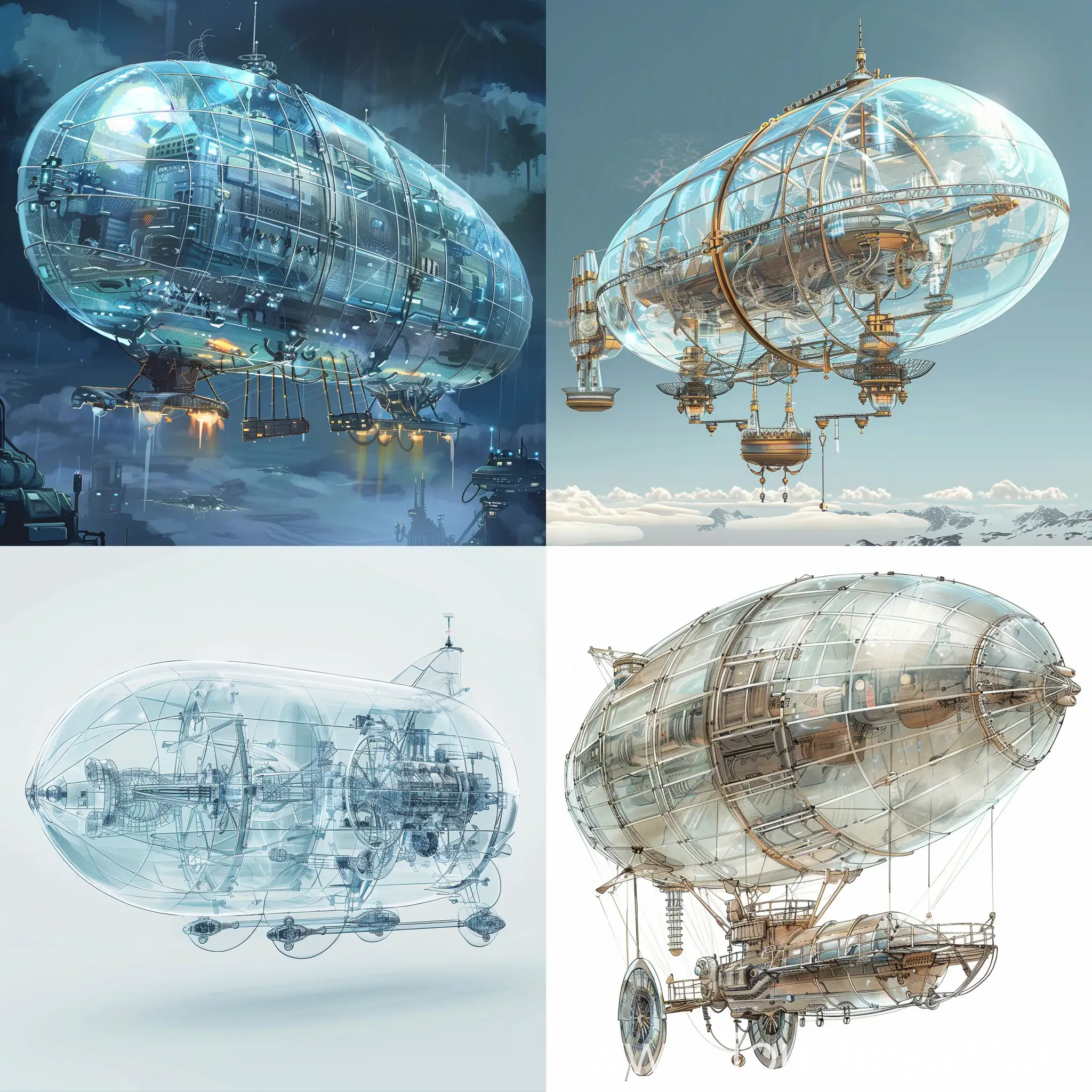 Dear JourneyArt AI, please generate a "glass tech dirigible" for me: prompt: illustration of dirigible in glass tech-style