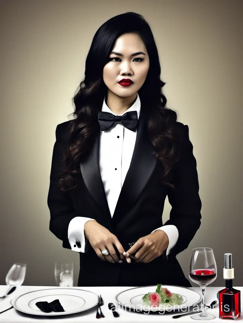 30 year old stern vietnamese woman with long hair and lipstick wearing a tuxedo with a black bow tie and black cufflinks. She is at a dinner table.
