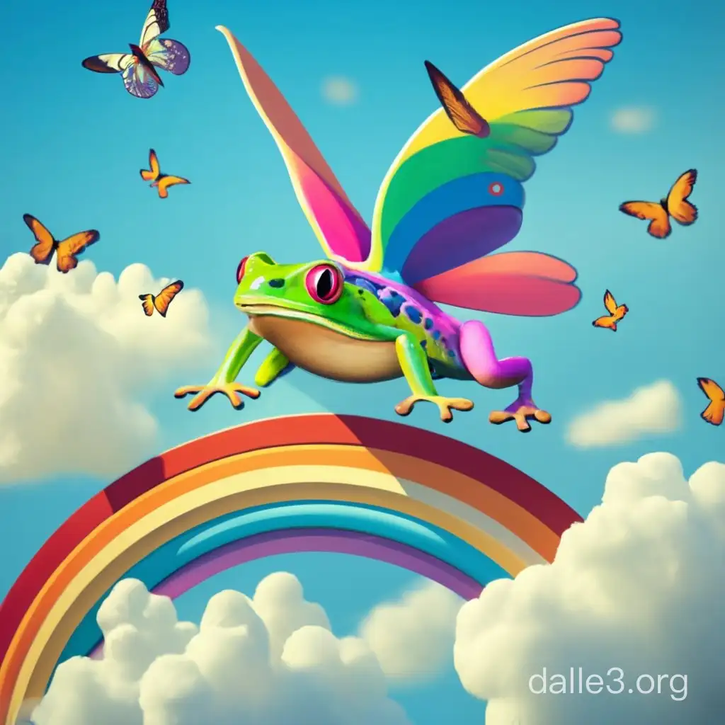 A frog with butterfly wings flying over a rainbow with Pegasus’s flying in the blue sky