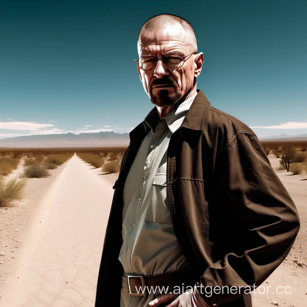 Уолтер Уайт из сериала Во все тяжкие на фоне пустыни по пояс