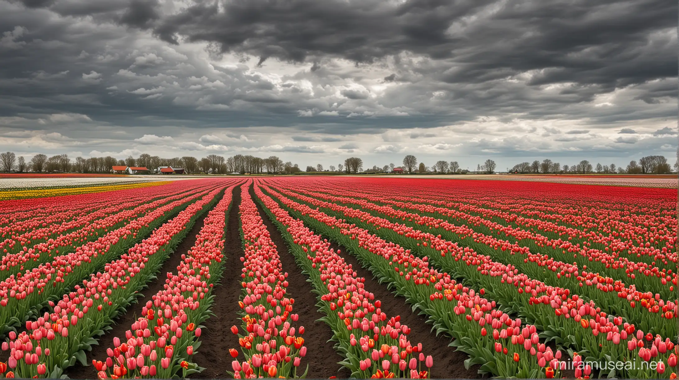 Vibrant Field of Tulips under a Majestic Cloudy Sky