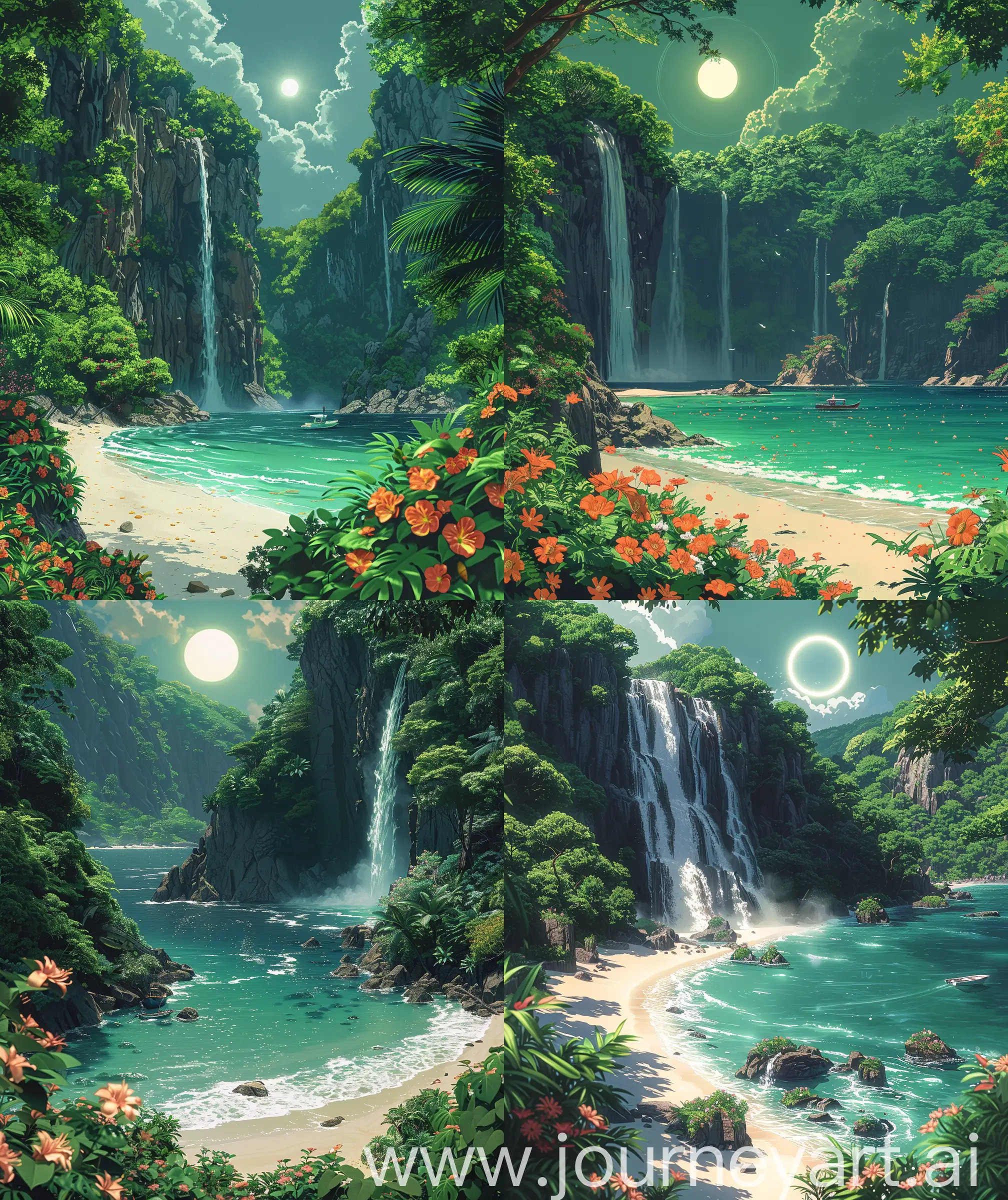 Beautiful anime scenary, mokoto shinkai style, Tropical forest paradise, floral, waterfall ocean connect, many tropical flowers, crystal clear water , white sand, boat, blue and green sky, circular sun visibility, illustration, ultra HD, high quality, sharp details, no hyperrealistic --ar 27:32 --s 600