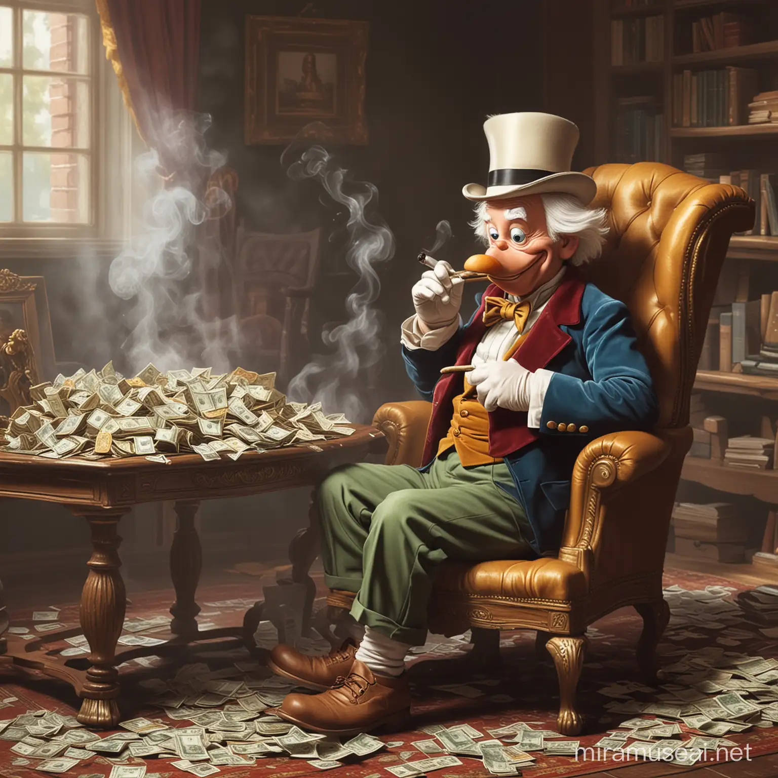 Wealthy Uncle Scrooge Smokes Cigar Surrounded by Gold and Money