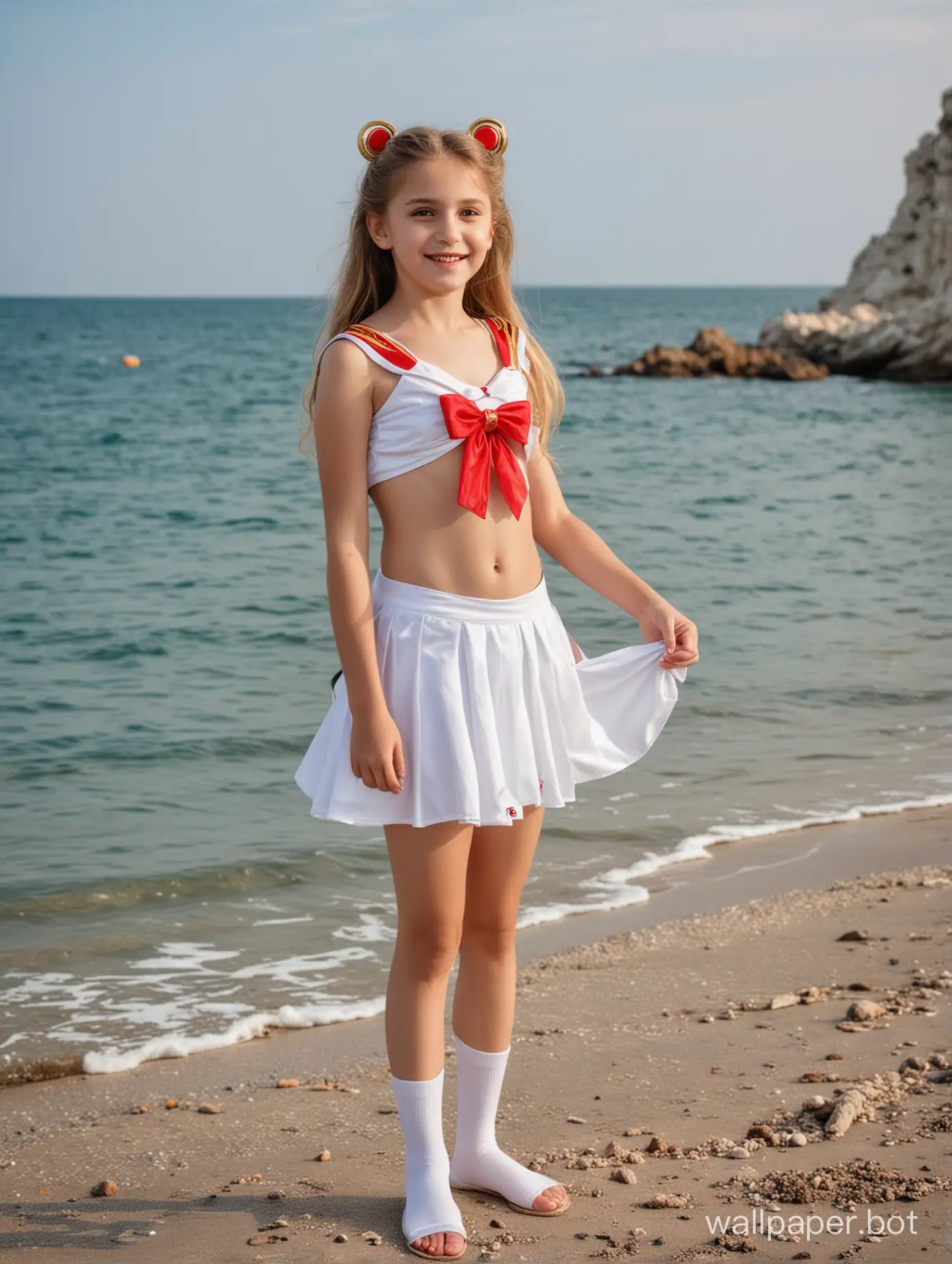Красивая девочка 10 лет в Крыму у моря в костюме Сейлор Мун, в полный рост, дети разного возраста вокруг, динамичные позы, позирует, улыбка, вид сбоку, топлес