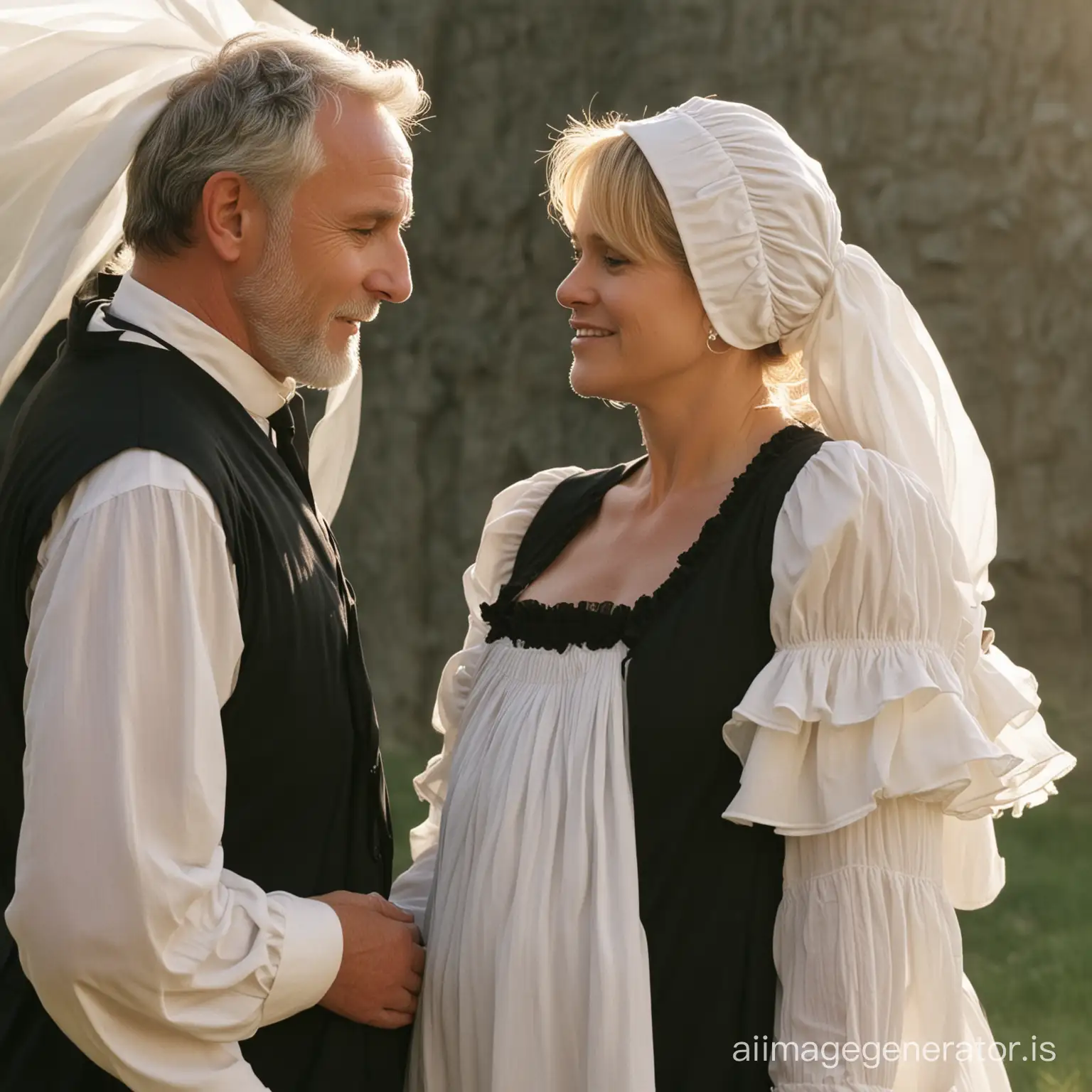 Samantha Carter from SG1  wearing a floor-length loose billowing amish black maternity maxi with an apron and a frilly white bonnet dress kissing an old man who seems to be her newlywed husband