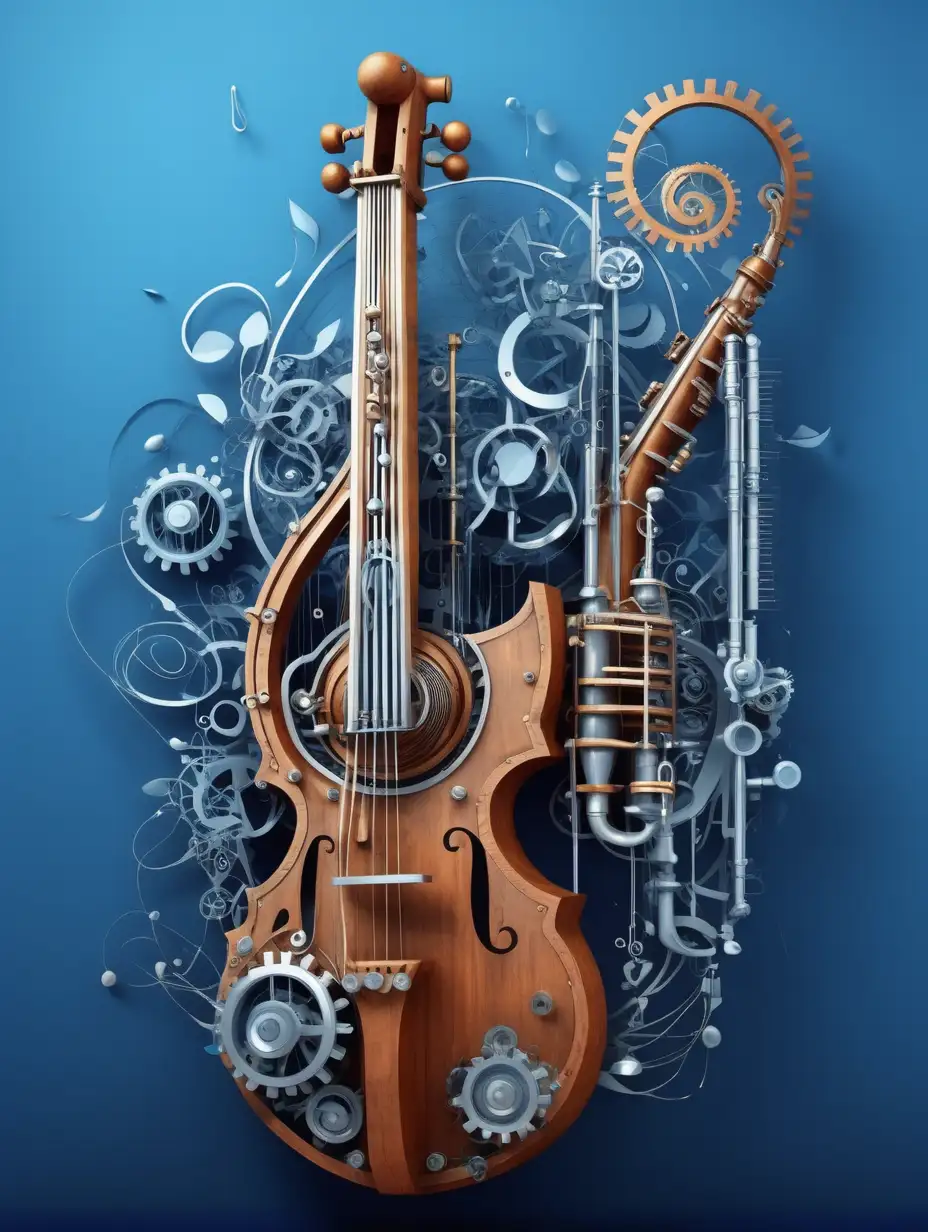 Harmonious Fusion Organic and Mechanical Art with Musical Instruments on a Blue Background