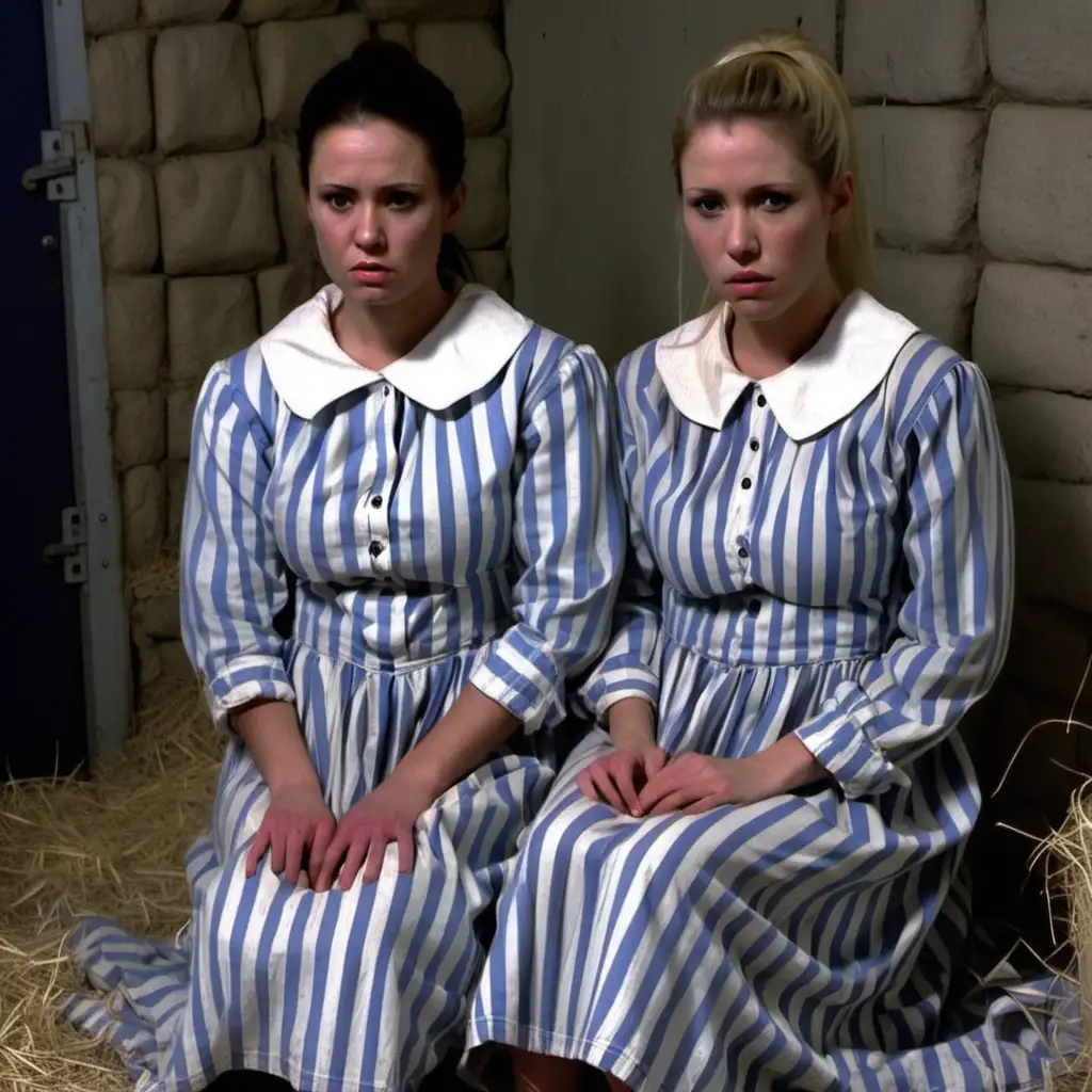 Despairing Women in Prison Two Busty Inmates in BlueWhite Striped Dresses