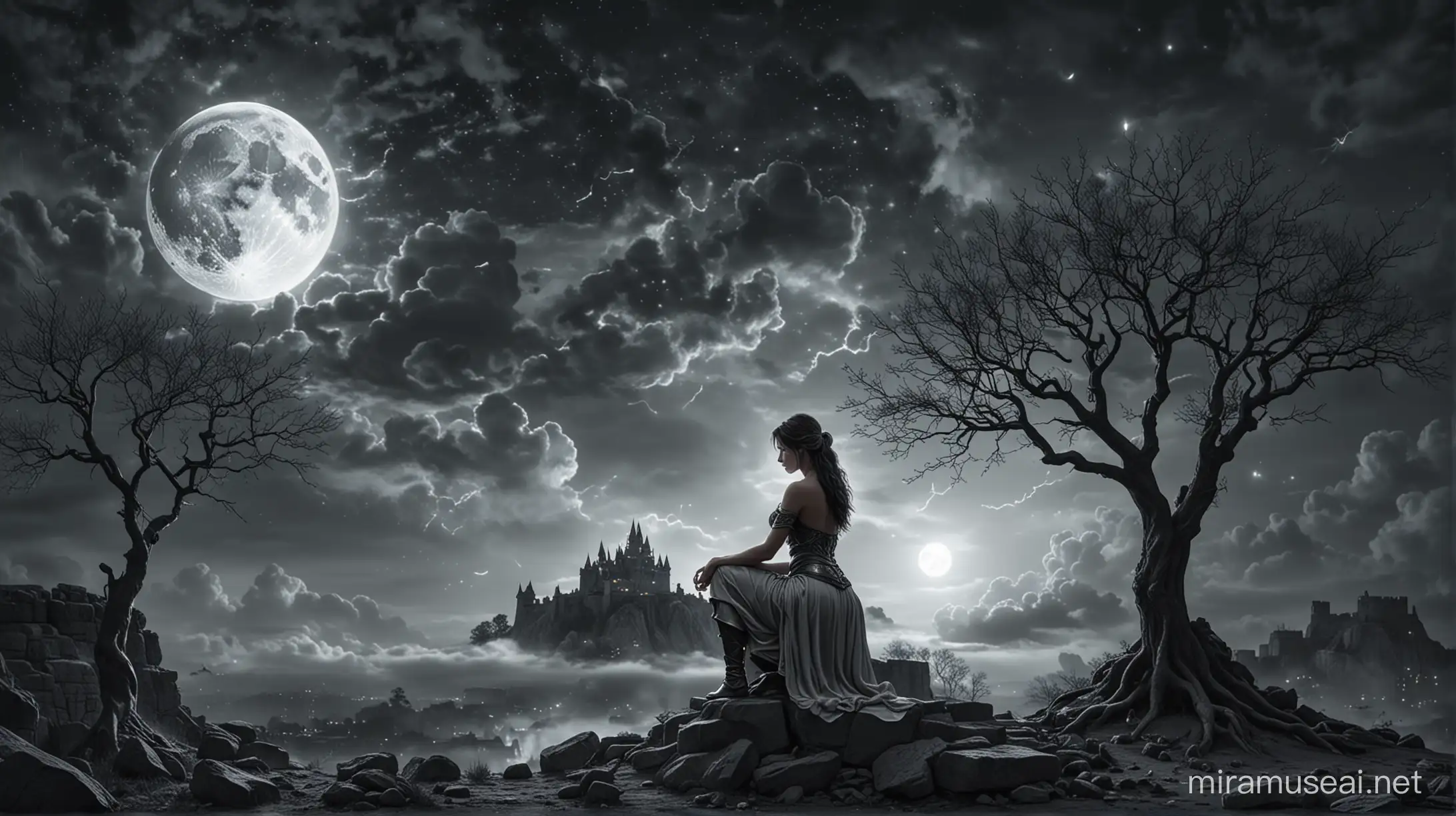Stoicism, motivation, stoic muscular character
kneeling and behind her a beautiful moon and clouds and several black trees, stars falling from the sky, the image is in gray glow, in the distance, lightning striking the fortress