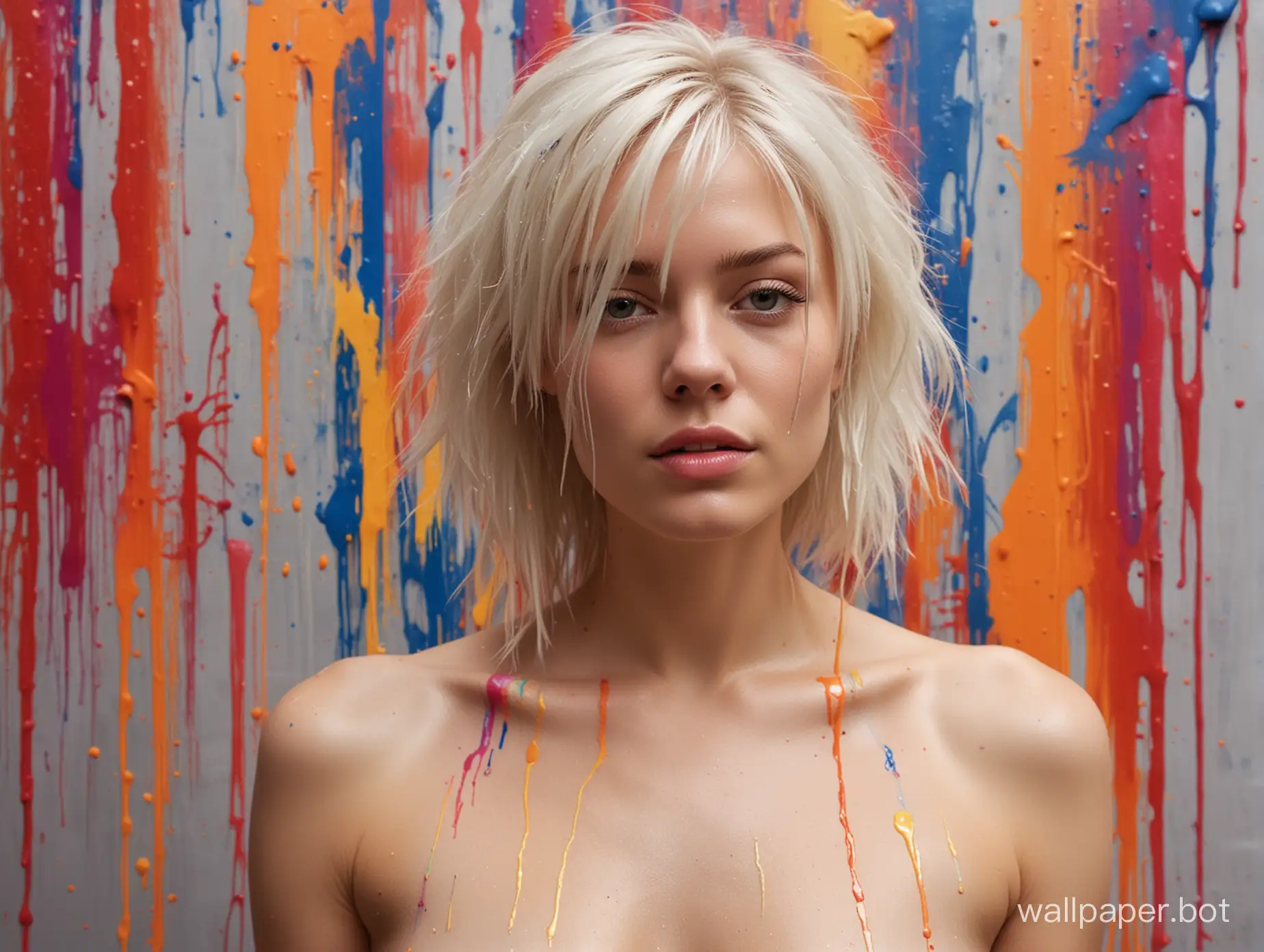 A stunning, provocative photograph of a shapely young woman with platinum blonde hair. She is completely naked, adorned only by strategically placed dripping paint of vibrant colors that artfully cover her body. The paint creates an abstract, artistic effect, enhancing the woman's natural beauty. The background features a minimalist, monochromatic palette, allowing the focus to remain on the subject and the colorful paint., painting, photo
