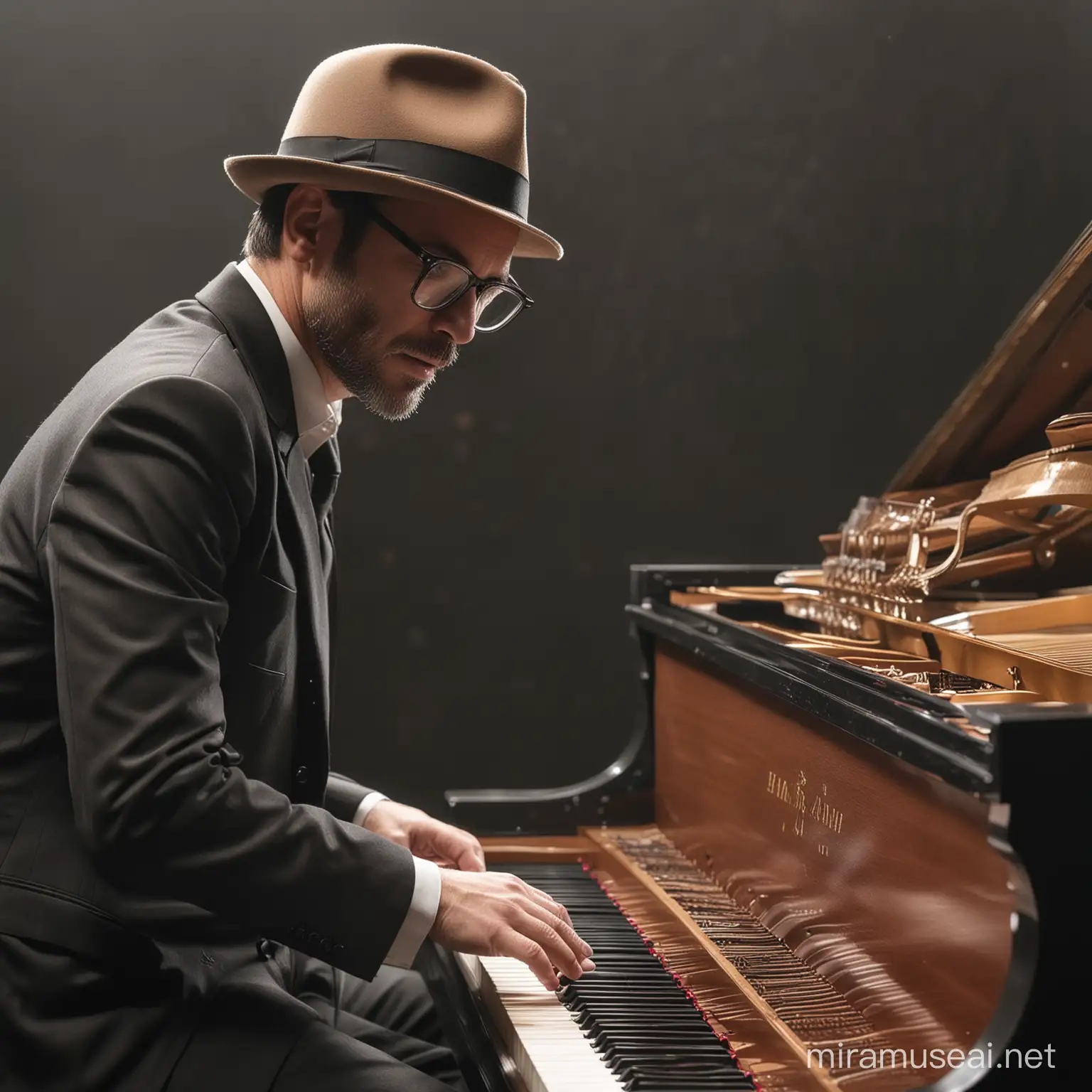 Close up Men 46 years old, handsome, wearing fedora hat, glasses, playing old grand piano on stage, facing the front of the audience , full body, detiles.