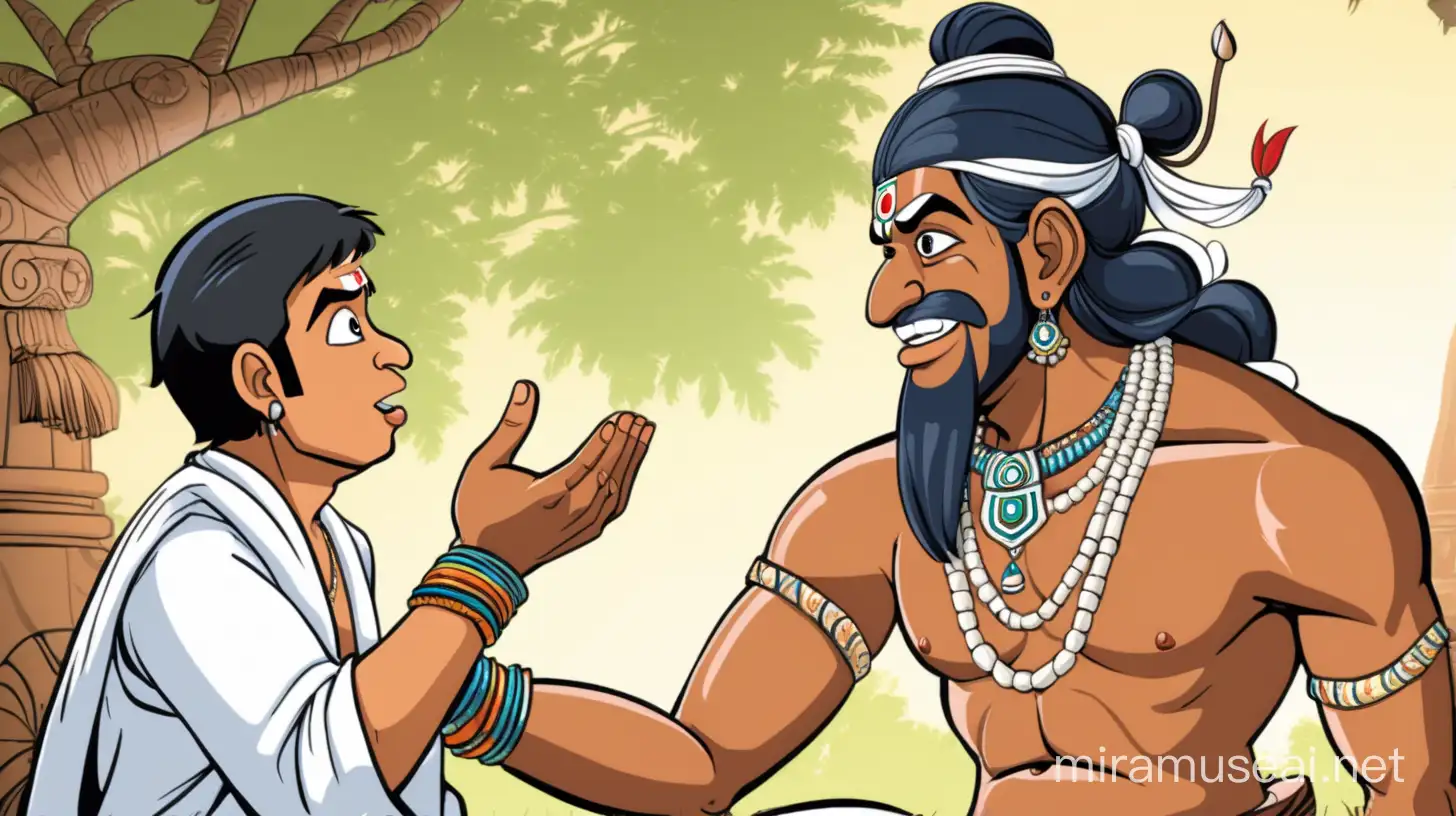 An young Indian village guy talking to lord Yamraj. Please make the image cartoon type.