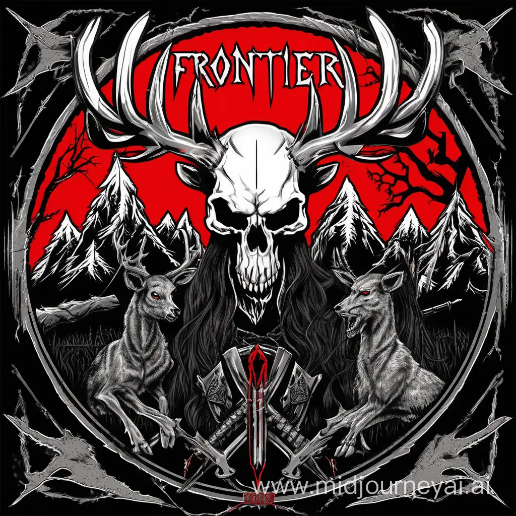 I am trying to create an illustration in the style of a heavy metal record cover. The illustration needs to include the band name: "FRONTIER1". I would also like it to include a deer trophy with glowing red eyes, along with an electric guitar and a skull somewhere in the picture. 