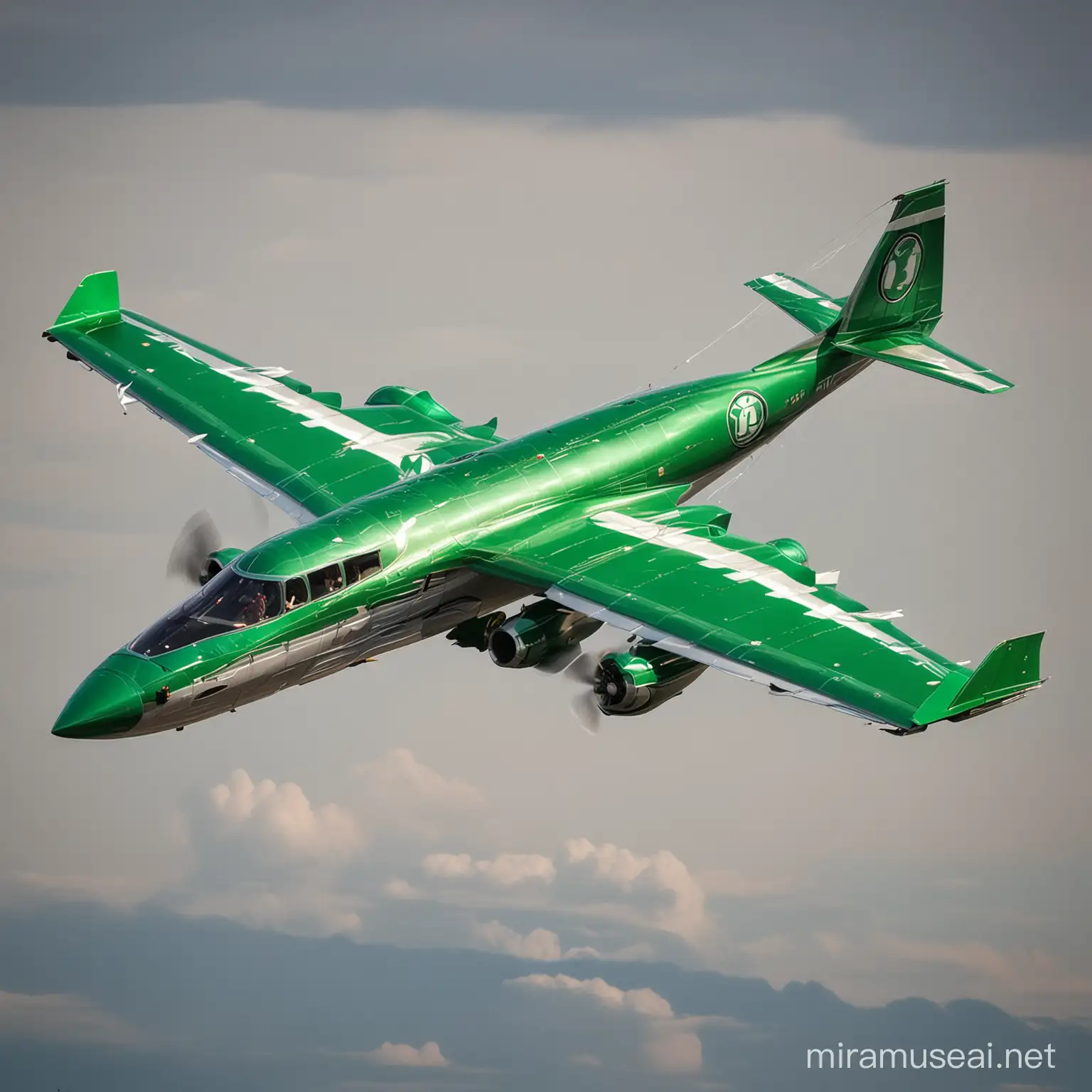 Futuristic Green Lantern Style Airplane Soaring Through a Vibrant Sky