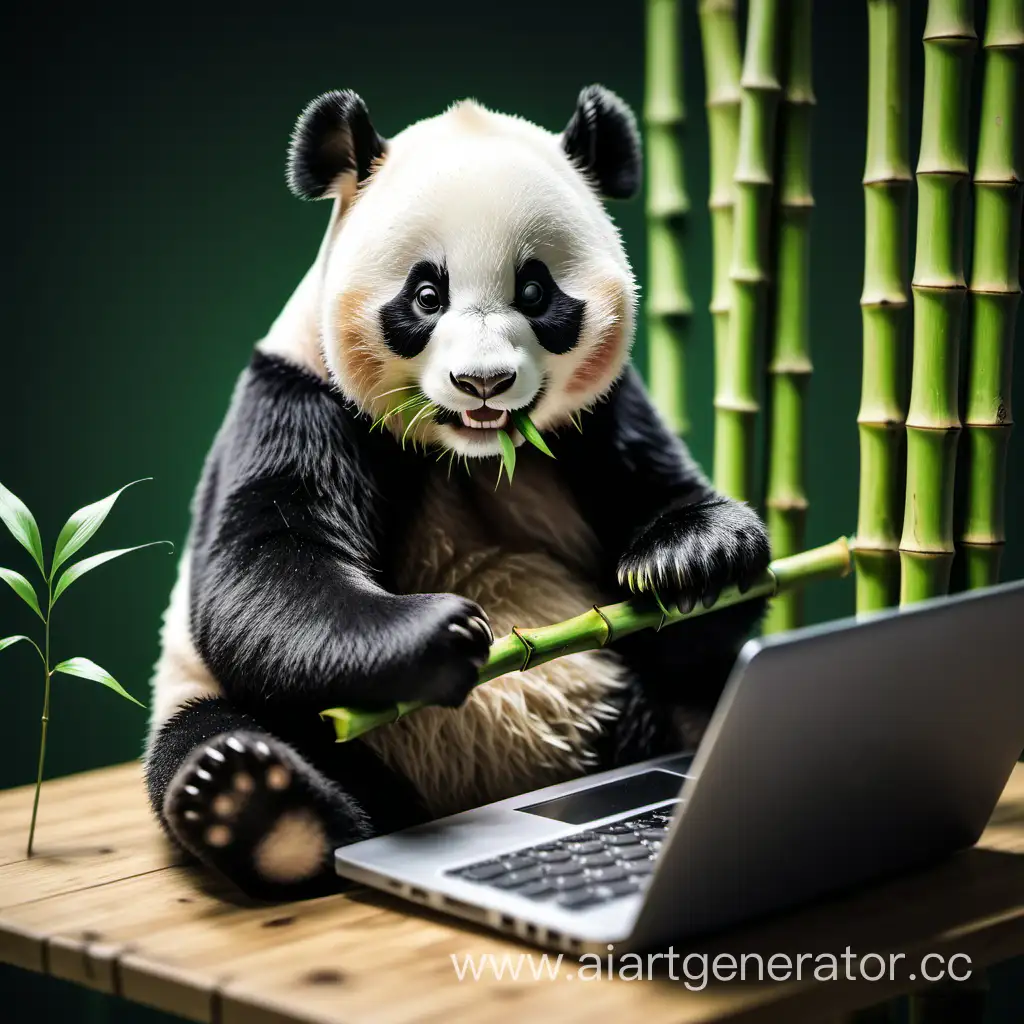 Smiling-Panda-Working-on-Laptop-with-Bamboo-Snack
