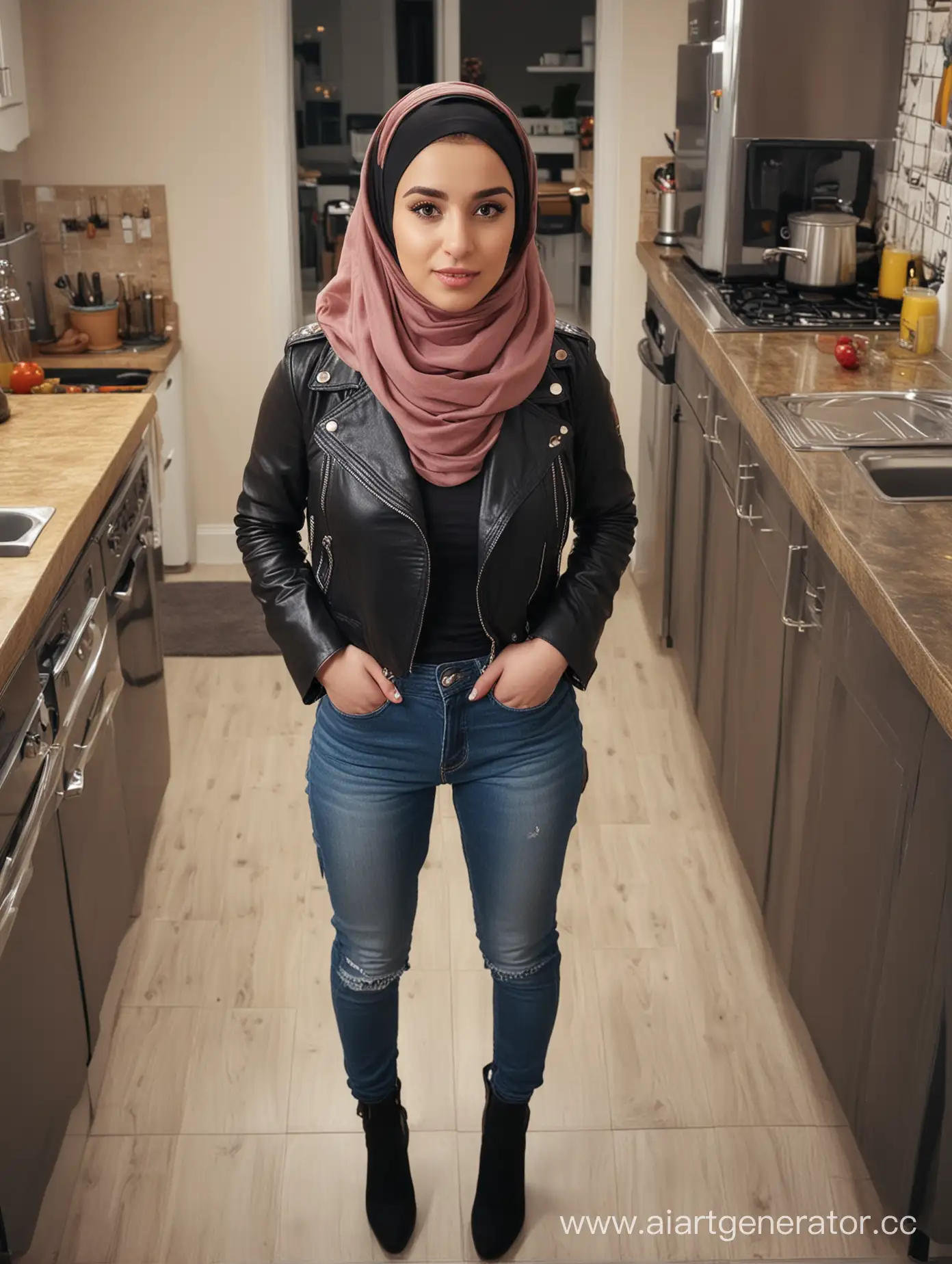 A dwarf girl. 25 years old. She wears a hijab, high waist skinny jeans, leathet jacket, knee high boots . Kitchen. Her height is 130cm. Close pov shot. Close up. From above. 8k sharp. British. Pretty face.