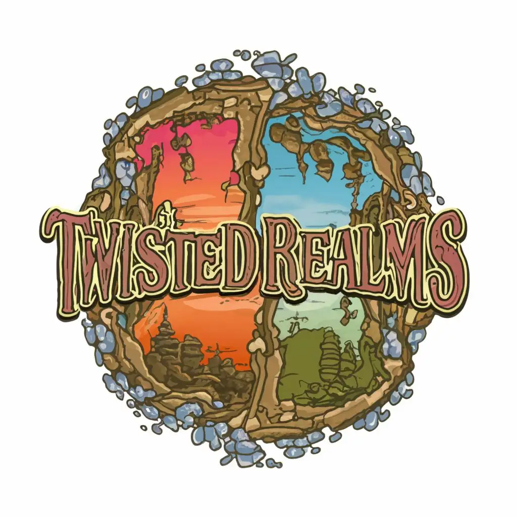 logo, portals doorway worlds wonder fantasy team-silhouette together cartoon blue brown grey green purple adventure vibrant ancient whimsy, with the text "Twisted Realms", typography, be used in Entertainment industry