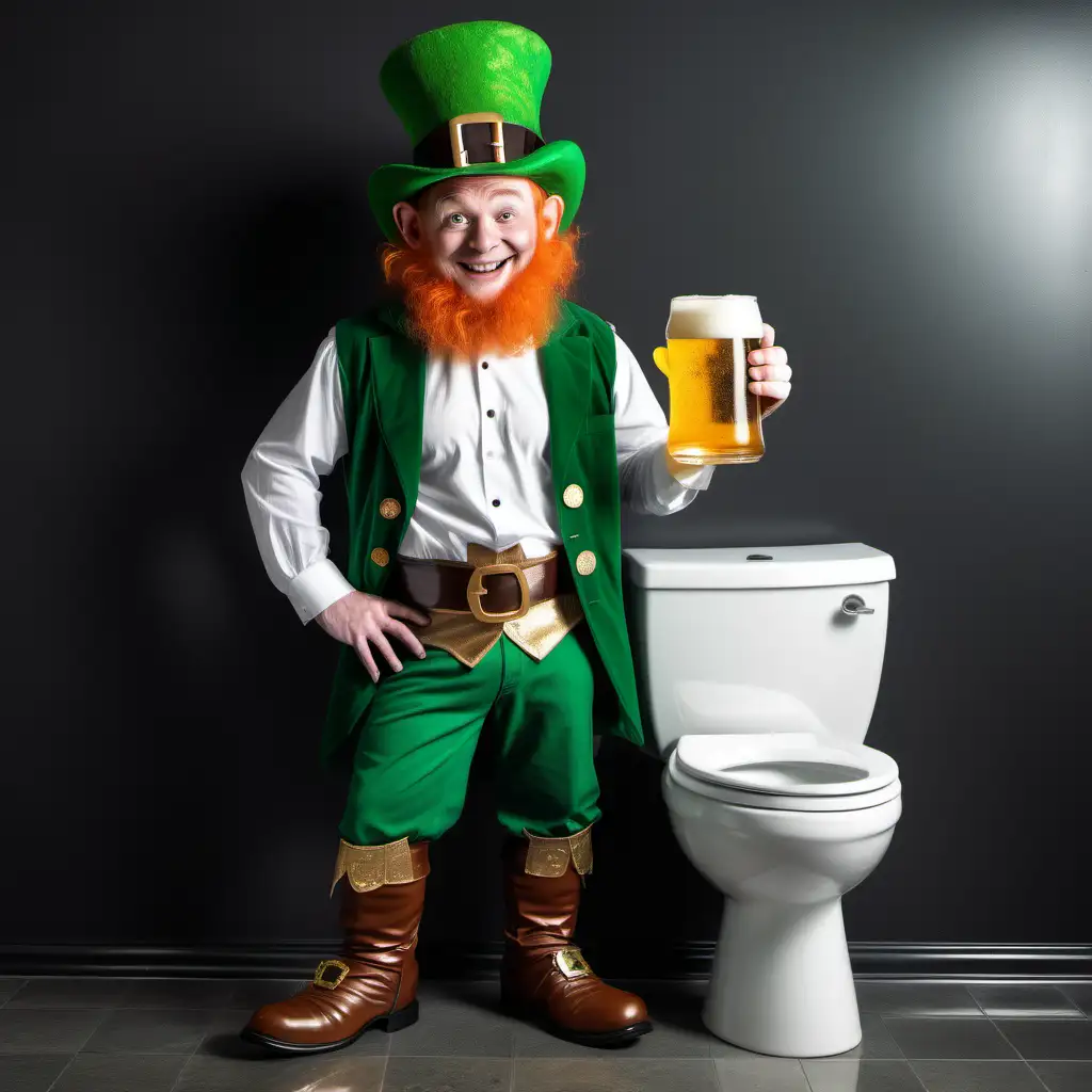 Leprechaun  standing next to toilet holding a beer mug  cartoon