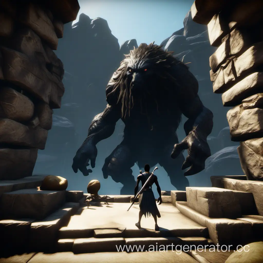 Black-Character-Confronting-Giant-Guardians-at-Stone-Doors-Platform