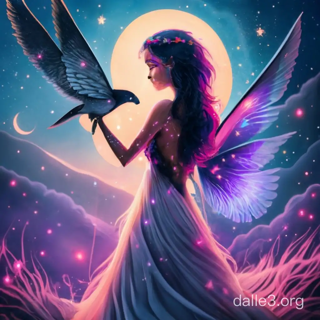 Fairy Druid, wings on back, black hair, glowing eyes, star constellation body