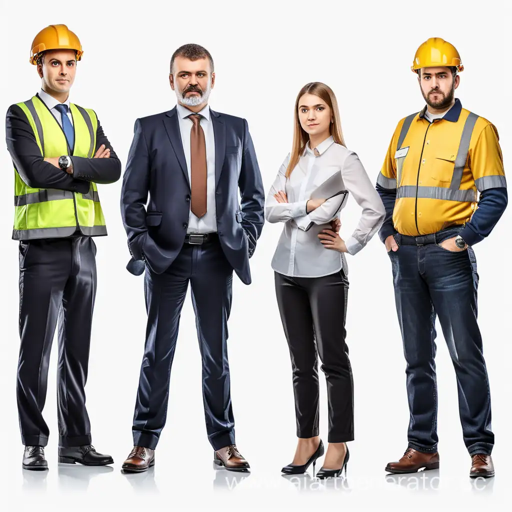 Adult European manager, secretary, worker, driver. They are standing next to each other on the white background