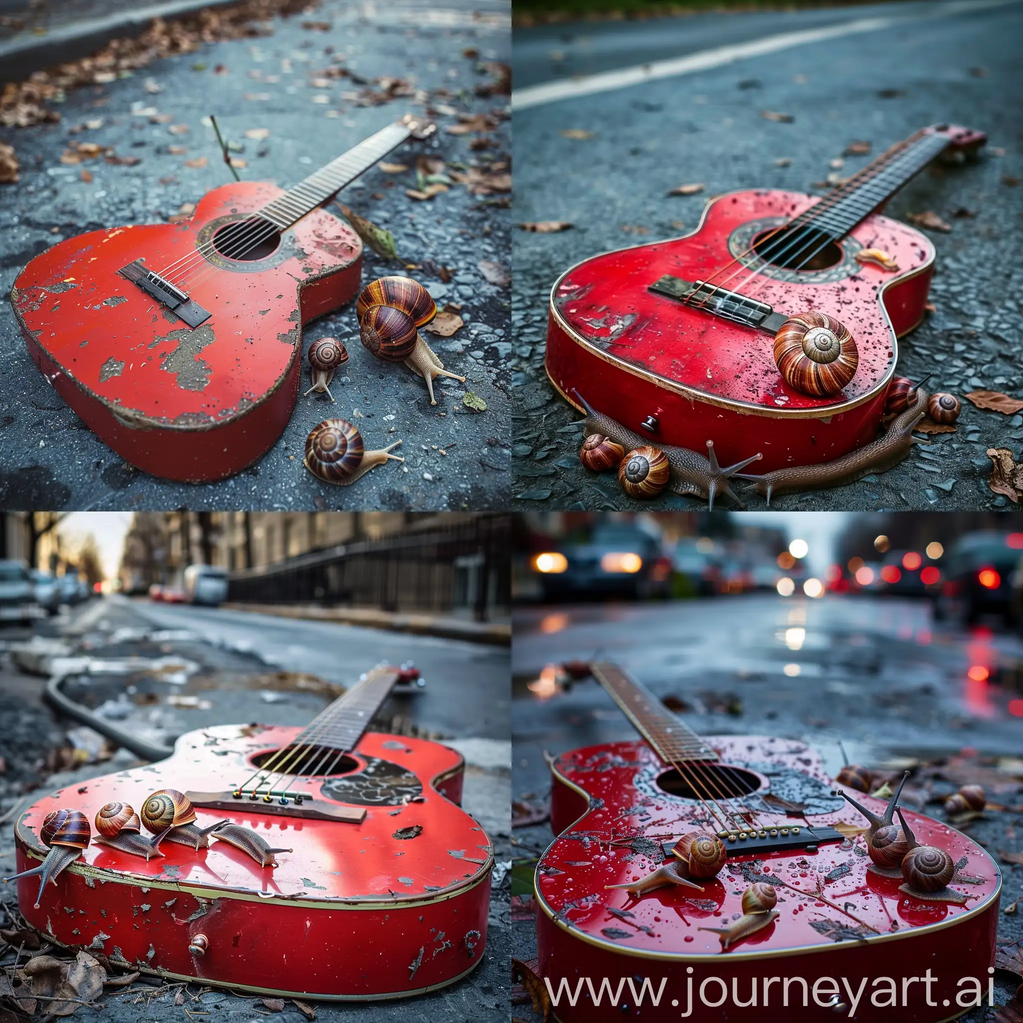 A red guitar is lying on the street. There are snails walking next to the guitar