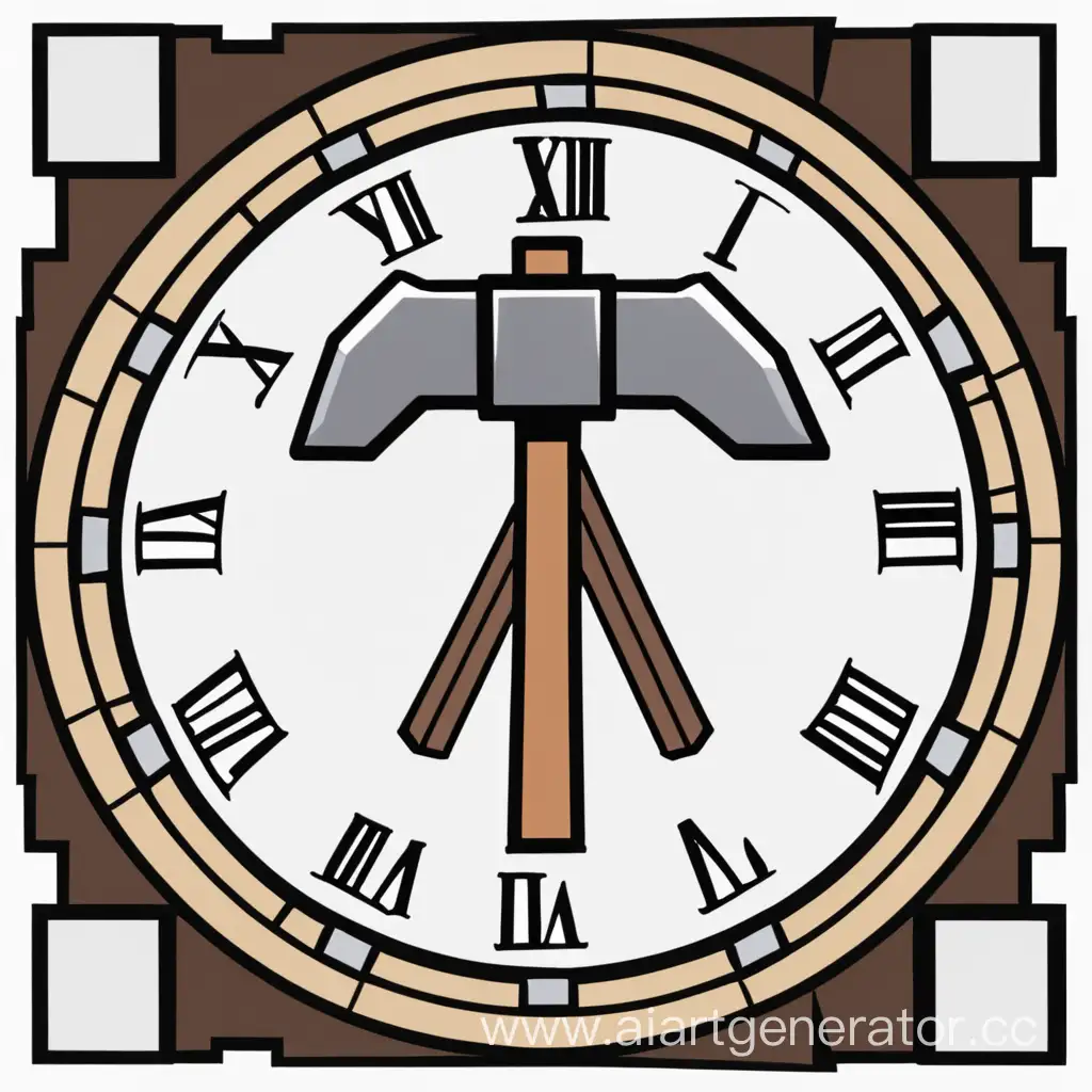 нарисуй эмблему для майнкрафт сервера где будут по центру большие часы, а в качестве стрелок молот и кирка