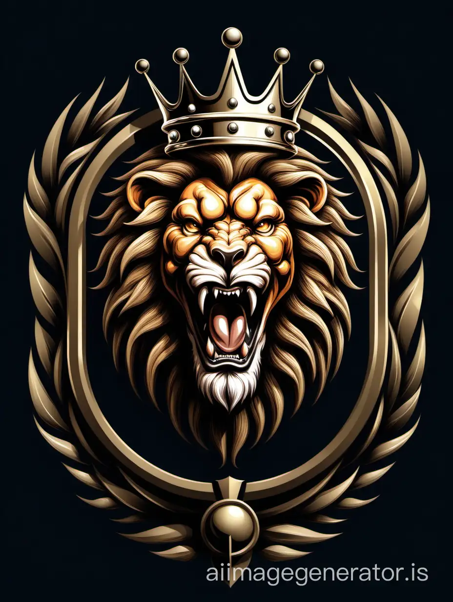 логотип лев в короне, мускулы, пасть, рев, сила, векторная графика, фэнтези реализм, HD, пропорции, симметрия