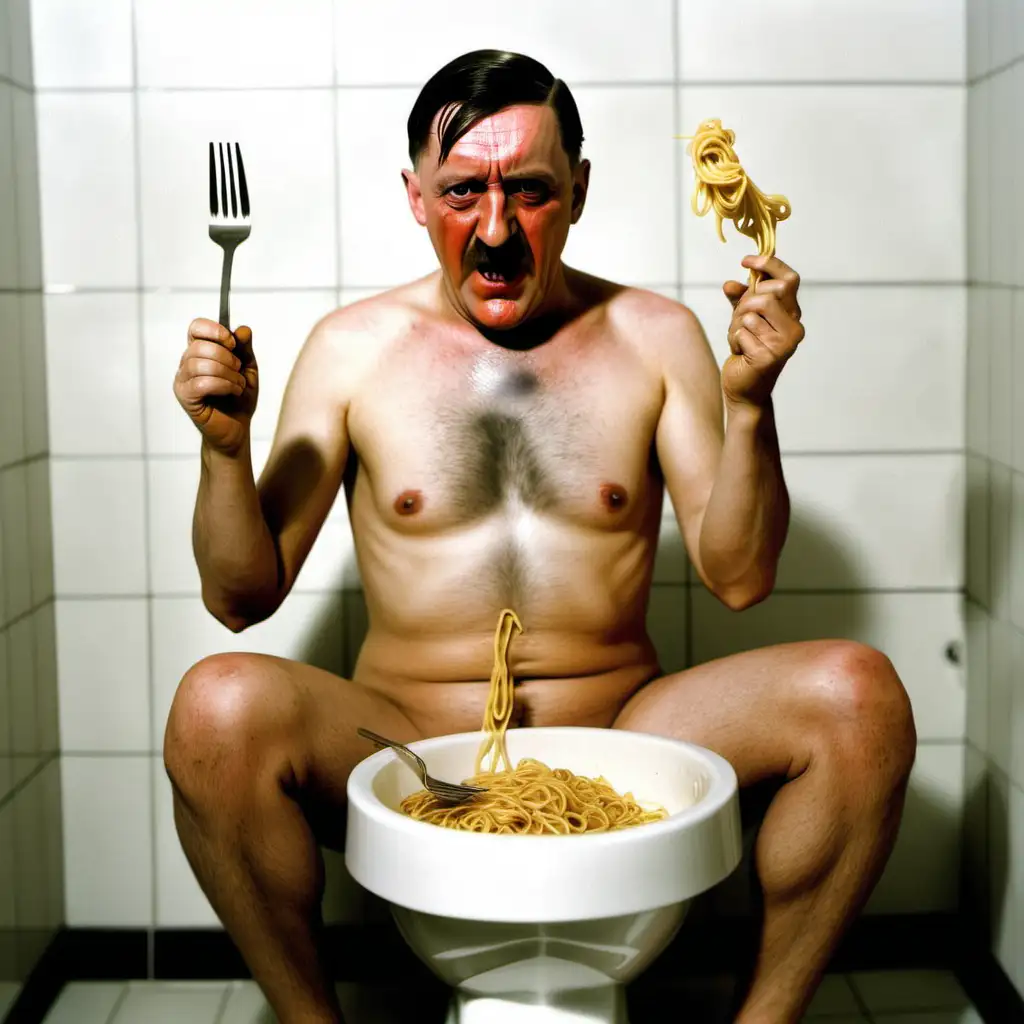  naked adolf hitler eat noodles with a fork out of the toilet