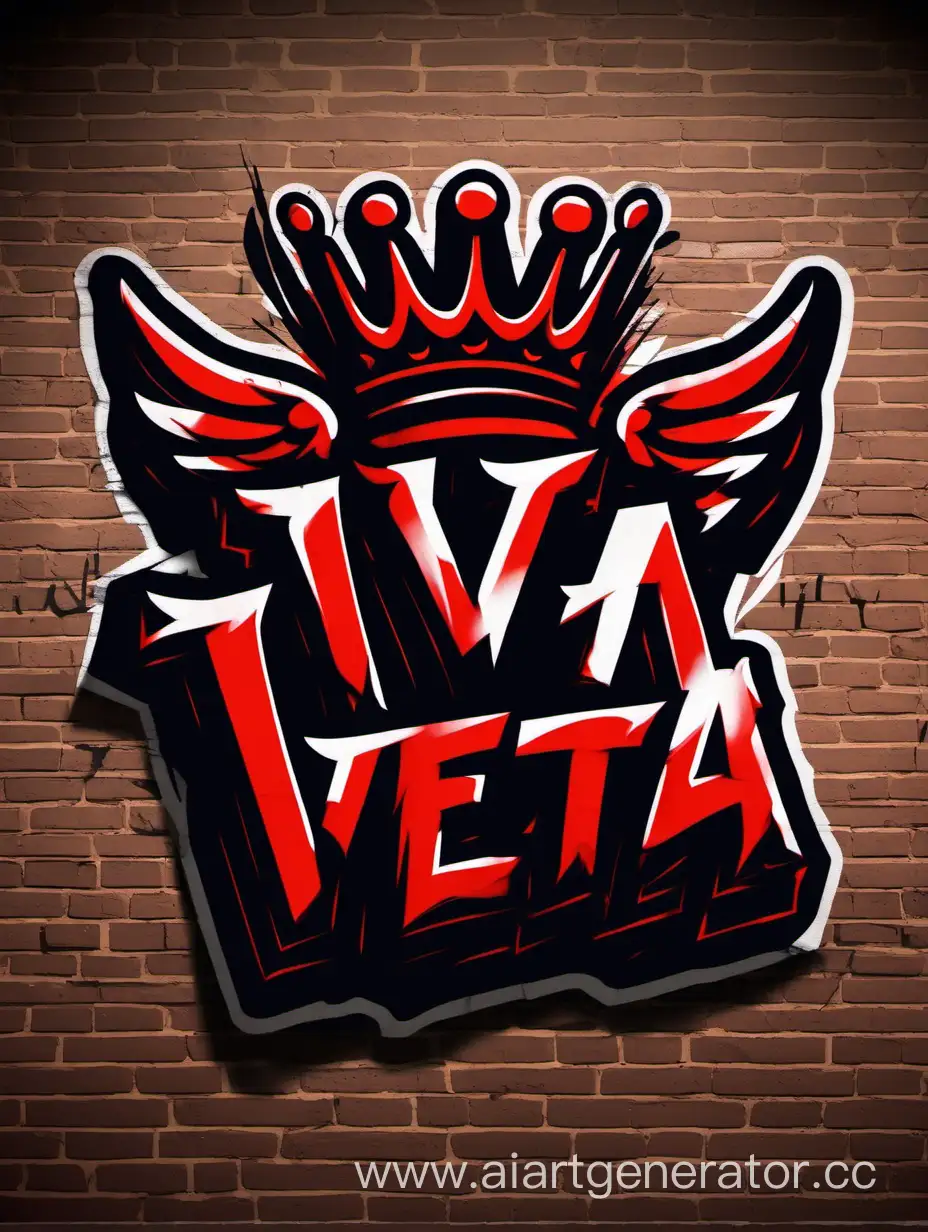 Логотип имени Ивета в виде граффити,  на кирпичной стене с короной и крыльями, в чёрно-красном цвете на чёрном фоне