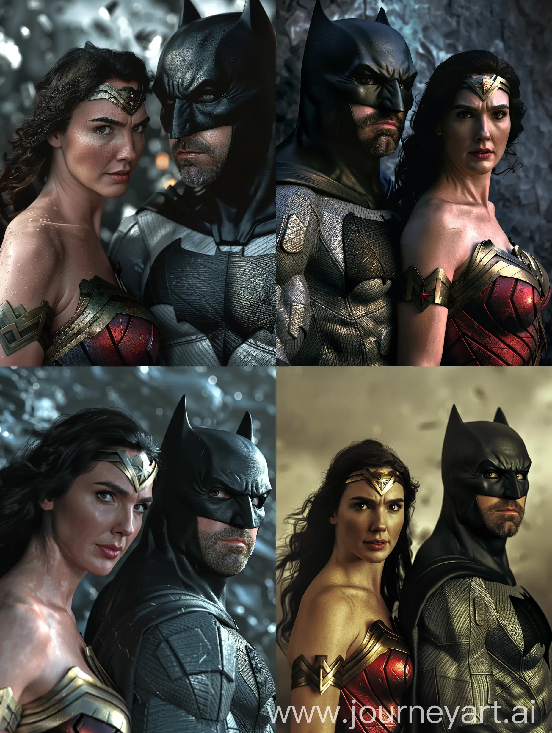 Wonder Woman and Christian Bale as Batman hyper-detailed, maximum quality rendering of all details, professional RAW photo, 1028K