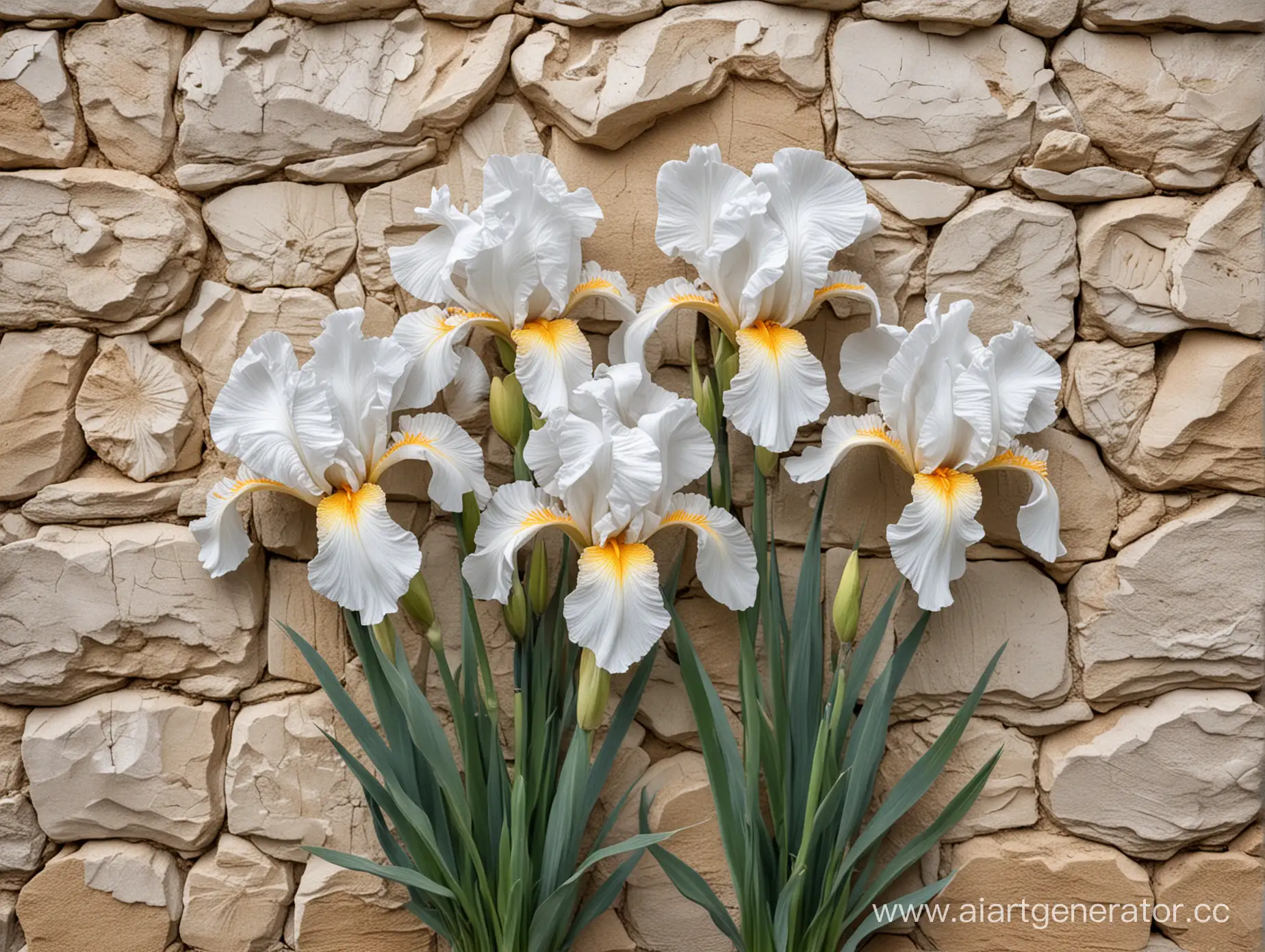 белый барельеф огромные цветы ириса на каменной стене