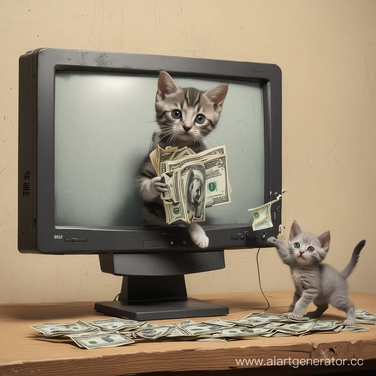 Surprised-Person-Holding-Stack-of-Dollars-with-Cute-Kitten-and-Magnetized-Monitor-Banksy-Style-Art