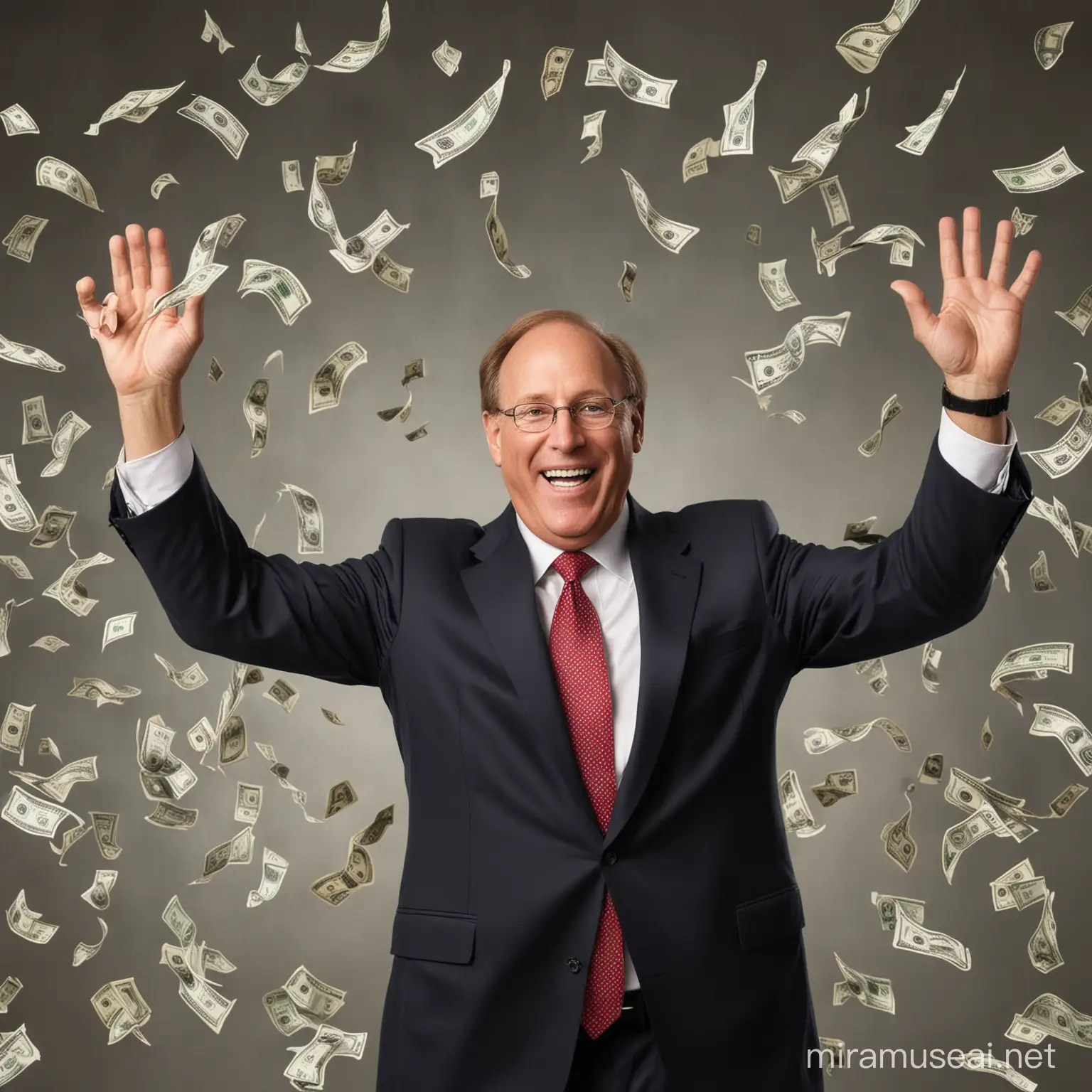 Create a image of Owner of blackrock Larry Fink Is Happy And Celebrating his success and money on his hands
