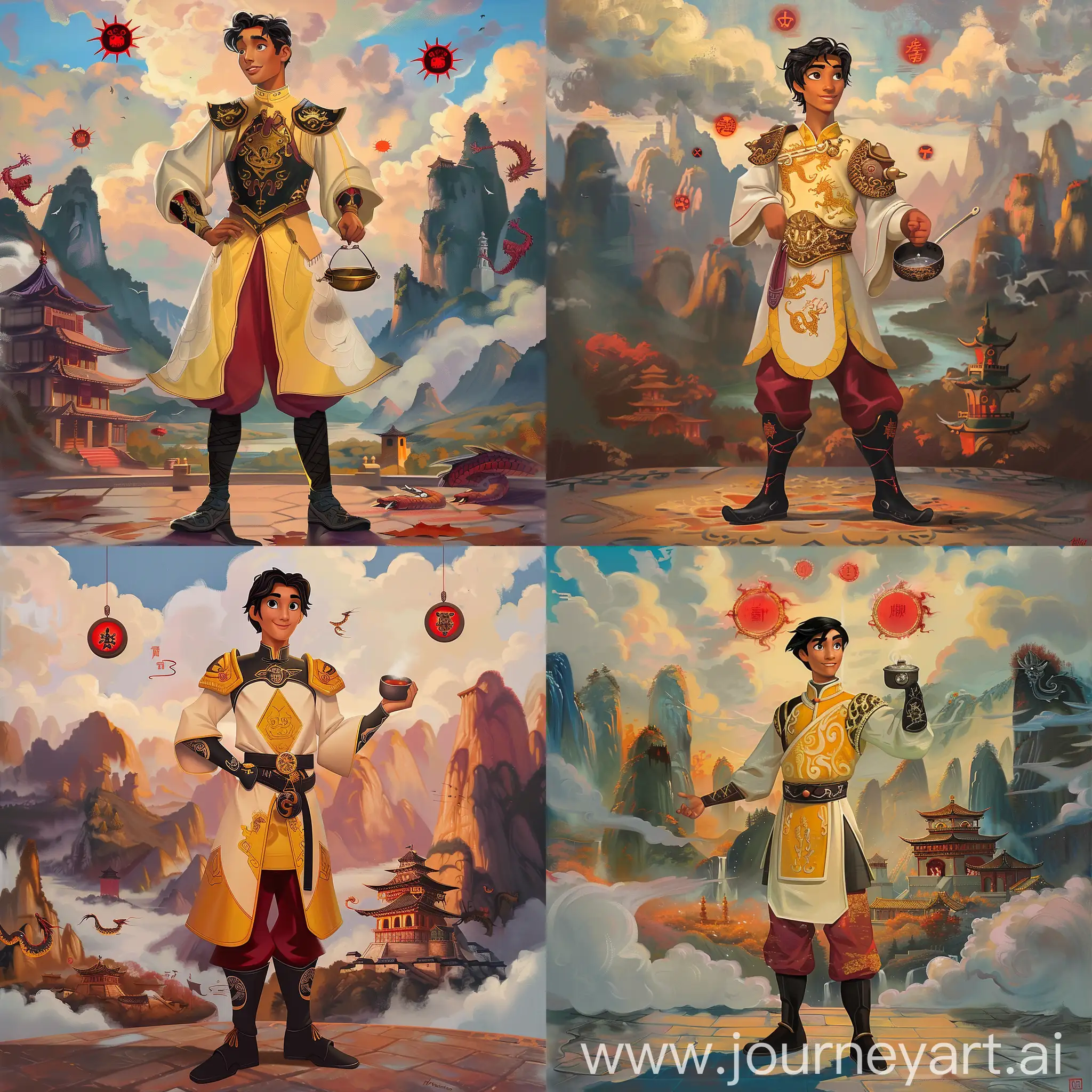 Historic painting style:

a Disney Spanish guy Armando, he is about 30 years old and a bit chubby,  from Elena of Avalor cartoon, he has black short hair, he wears deep yellow and white color Chinese medieval taoist monk monk robe with some armor and taichi emblems, with deep red pant and black boots, he holds a small Chinese saucepan in right hand,

Chinese Guilin mountains and temple as background,  evil iced dragons and three small red blood suns in cloudy sky.