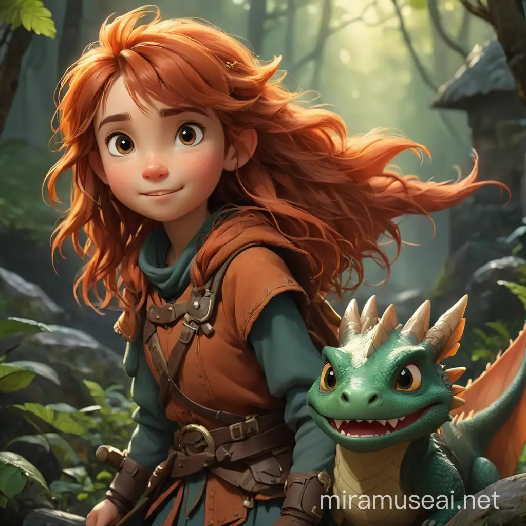 a cute brave girl, adventure. with friendly cosy dragon by her side