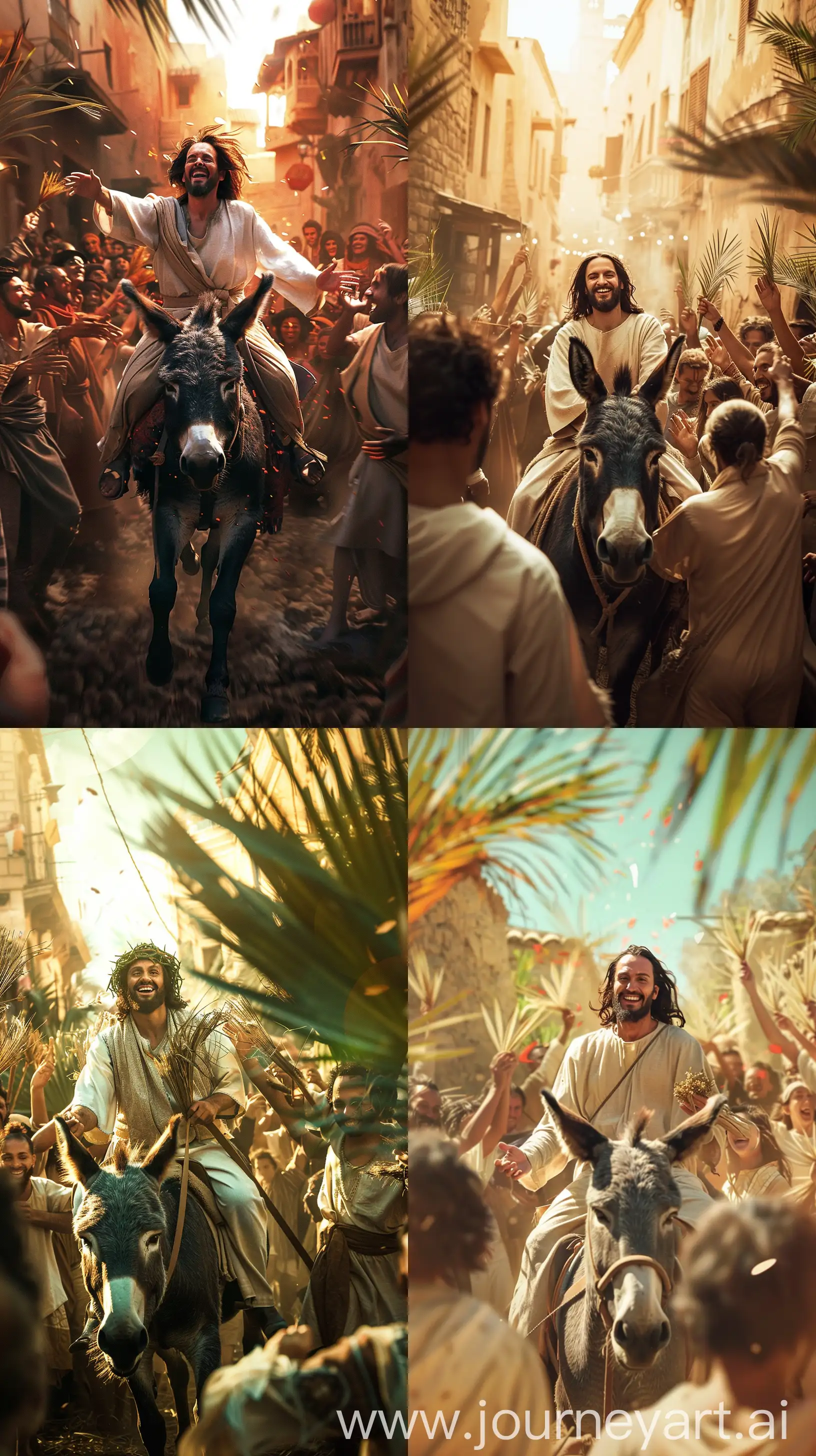 Jesus riding on a donkey, smiling as he arrives in the city, while joyful people throw palm branches to celebrate, realistic, cinematic  --v 6 --style raw --ar 9:16